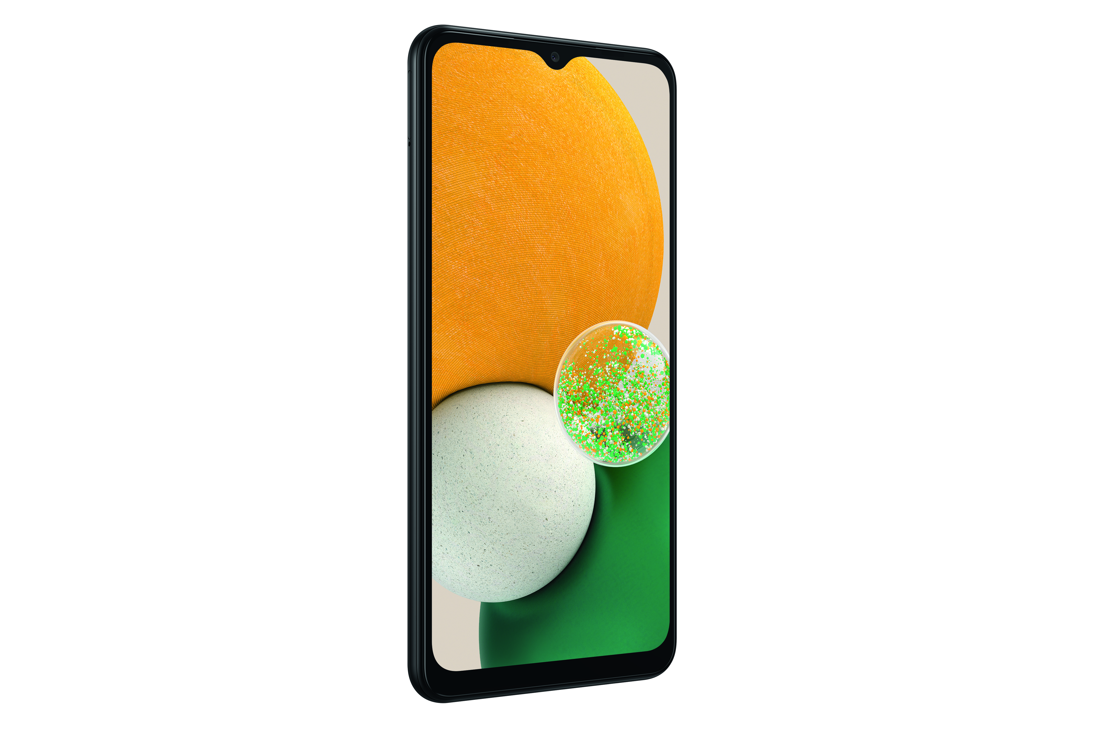 Ein Smartphone mit großem Bildschirm, das ein abstraktes Design zeigt. Es befindet sich auf weißem Hintergrund.