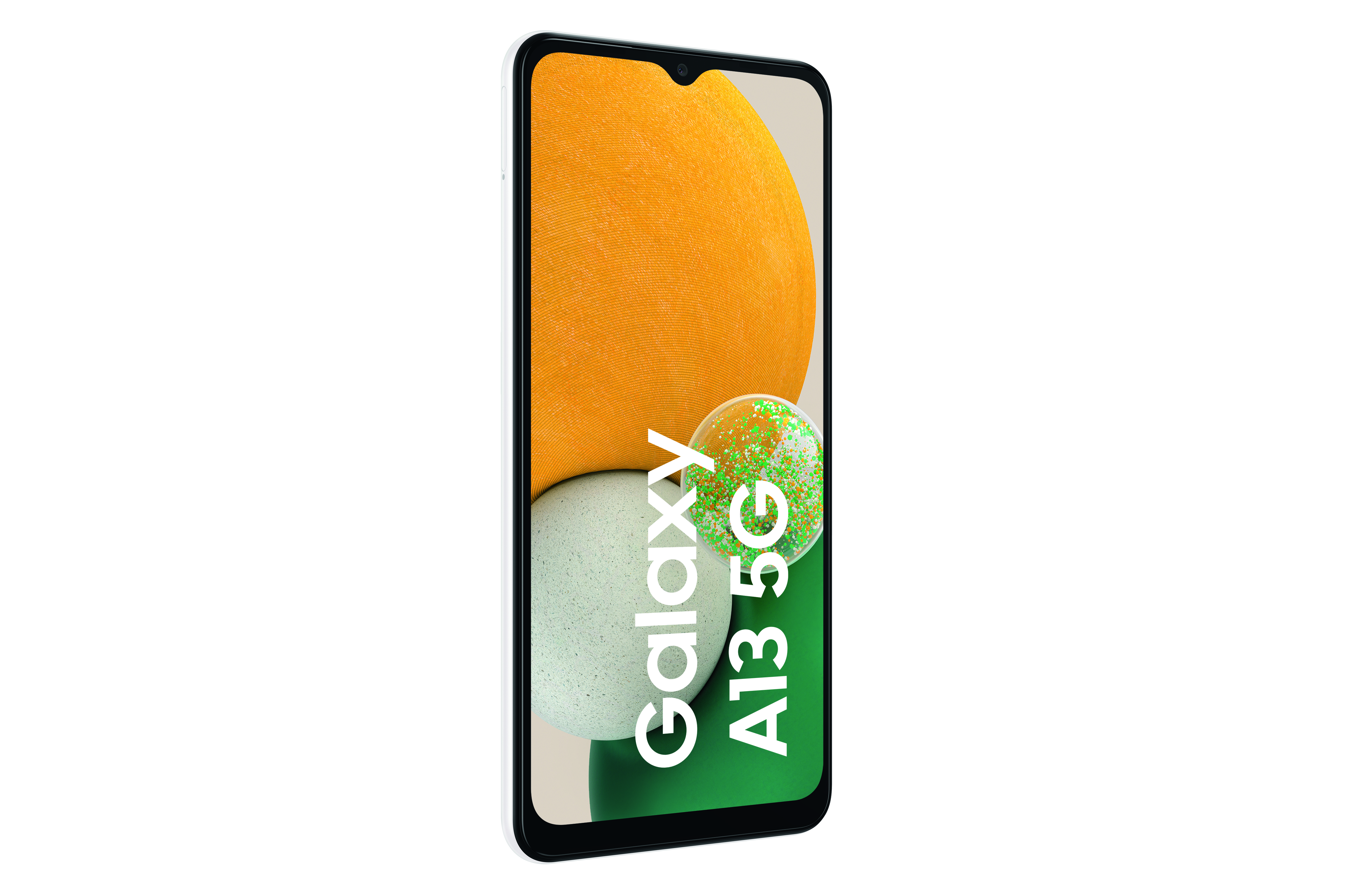 Weißes Samsung Galaxy A13 5G Smartphone, Bildschirm zeigt ein abstraktes Bild.