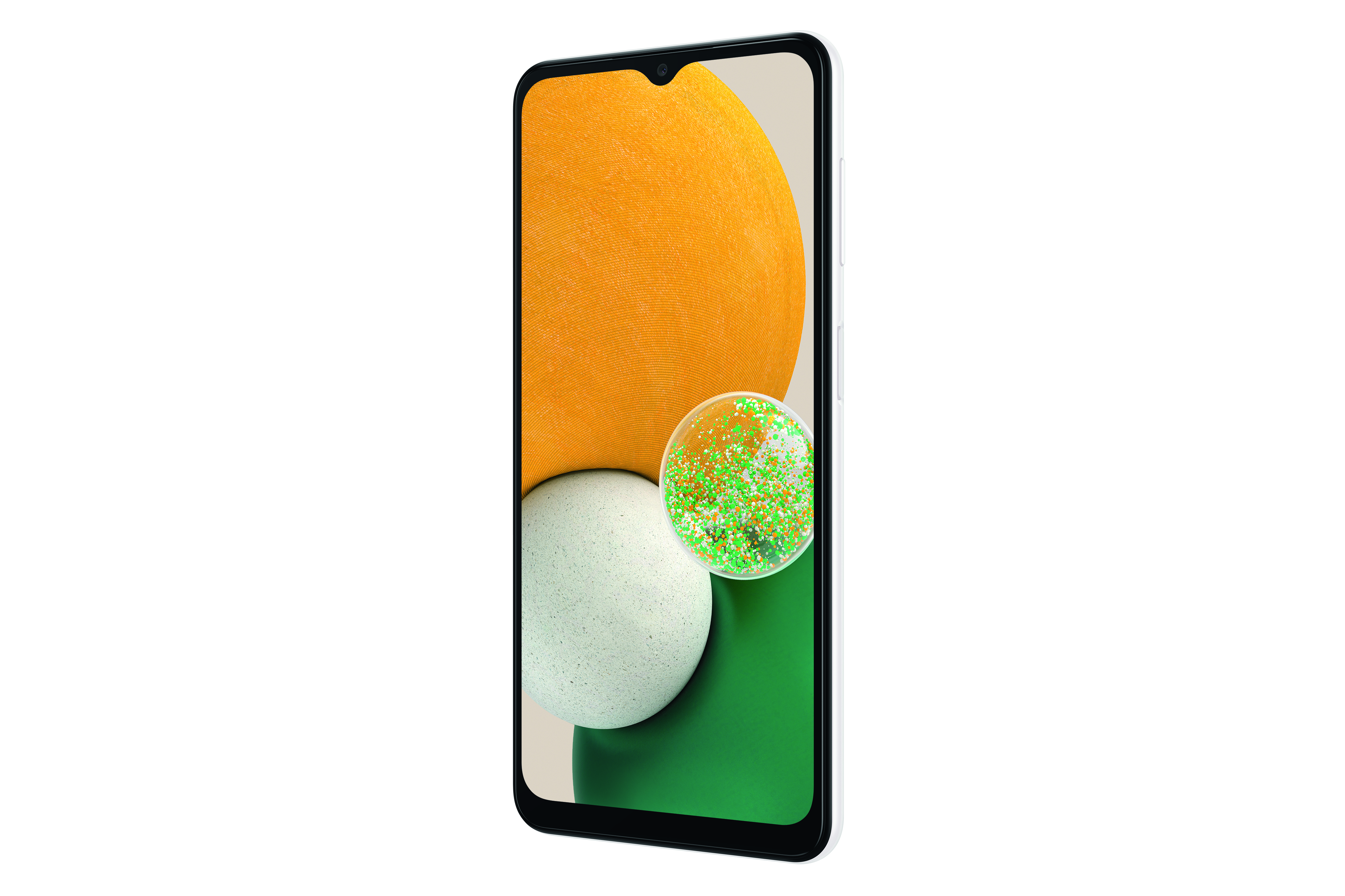 Weißes Smartphone mit farbenfrohem Hintergrund, schräg gehalten.