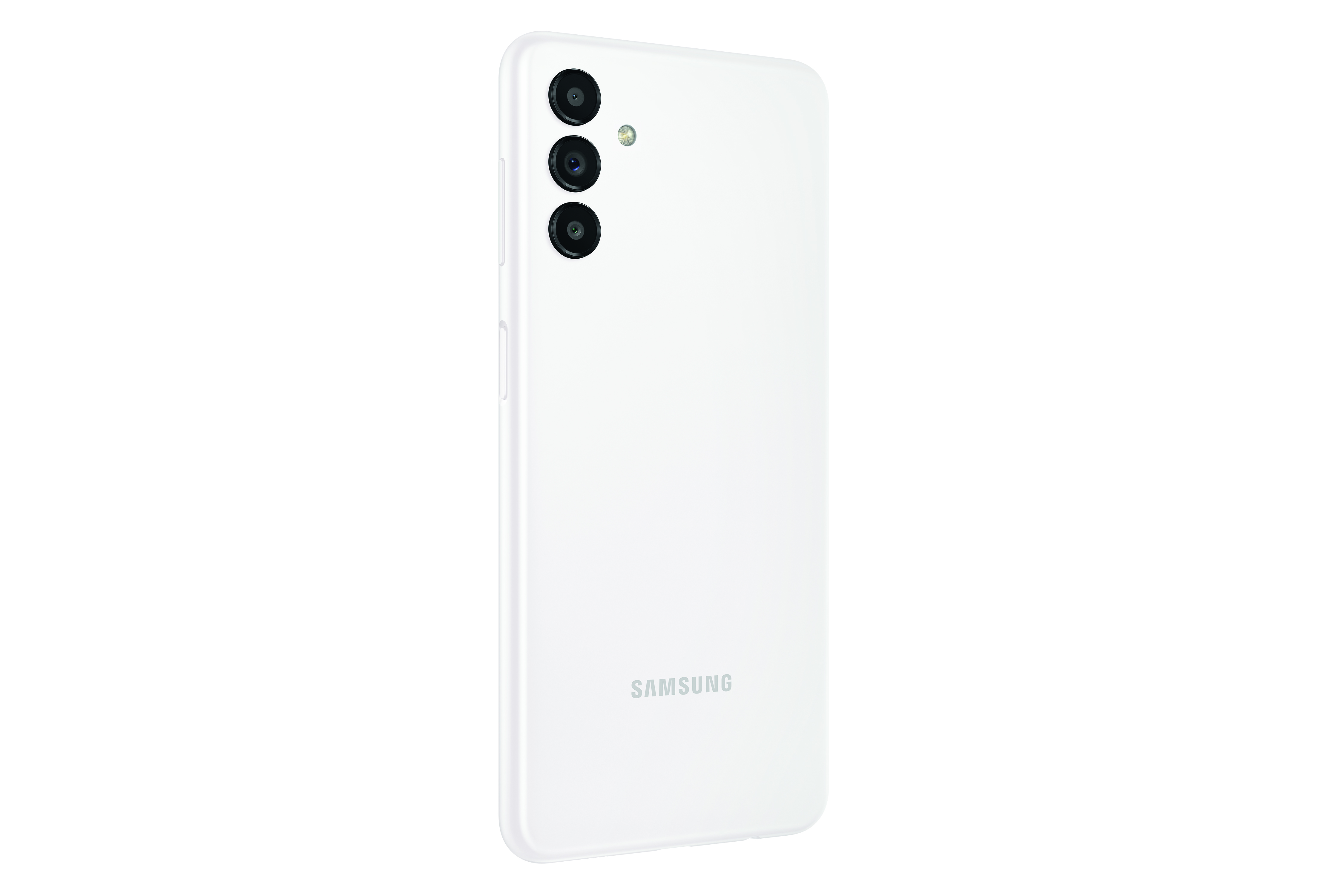 Weiße Samsung-Telefonrückseite mit drei Kameras.