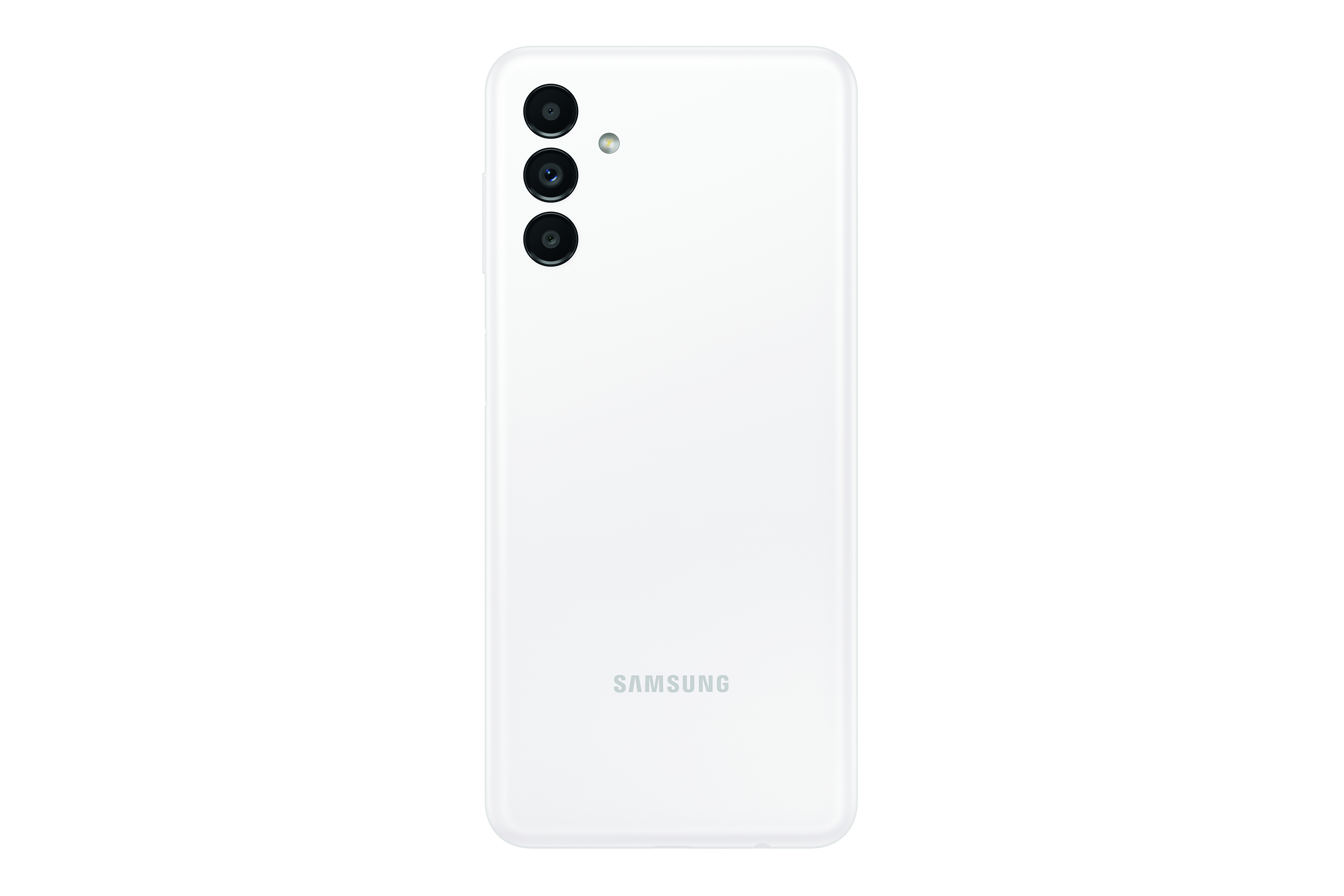 Die Rückseite eines weißen Samsung-Telefons mit drei Kameras und einem Samsung-Logo.