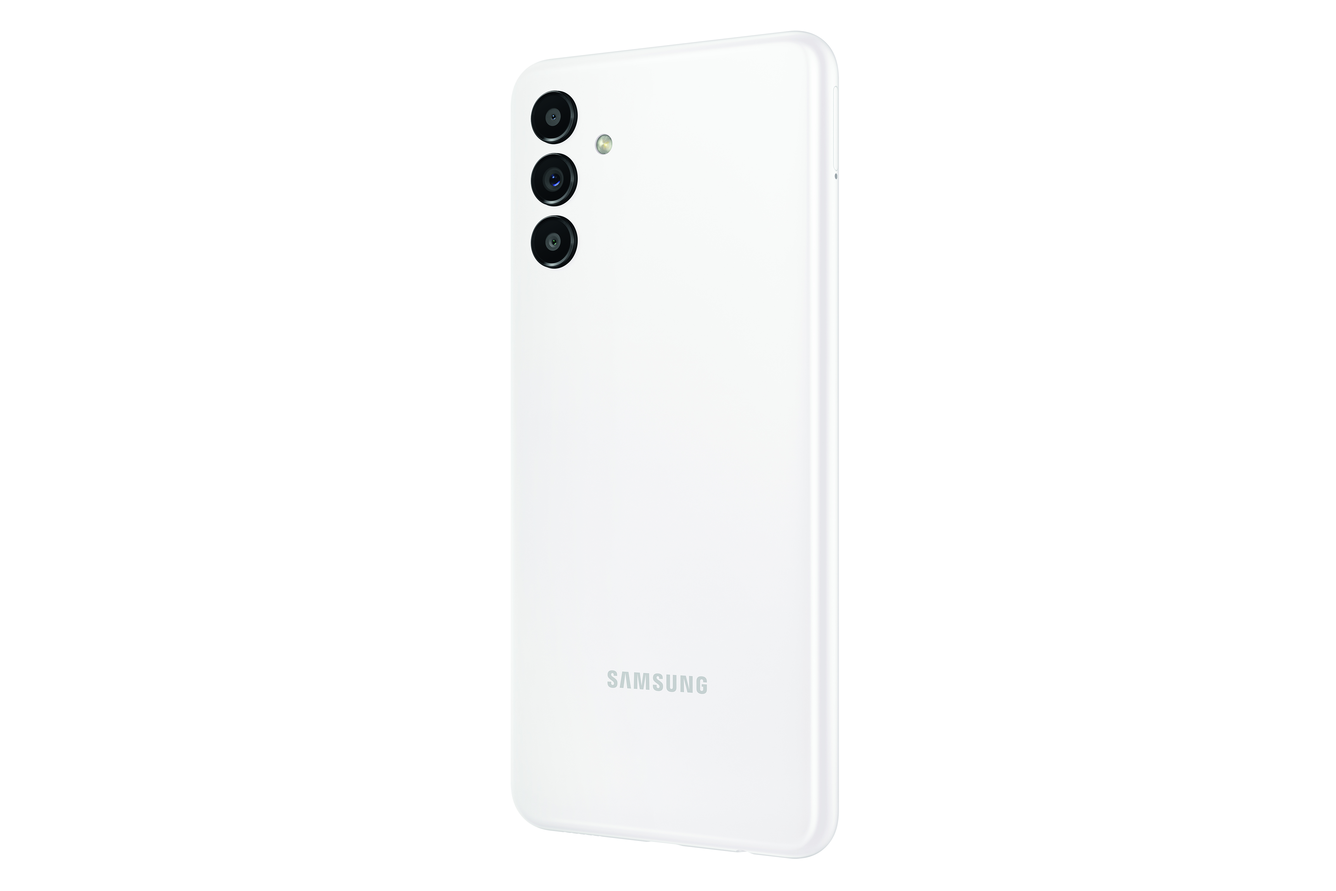 Die Rückseite eines weißen Samsung-Telefons mit drei Kameras und dem Logo der Marke.