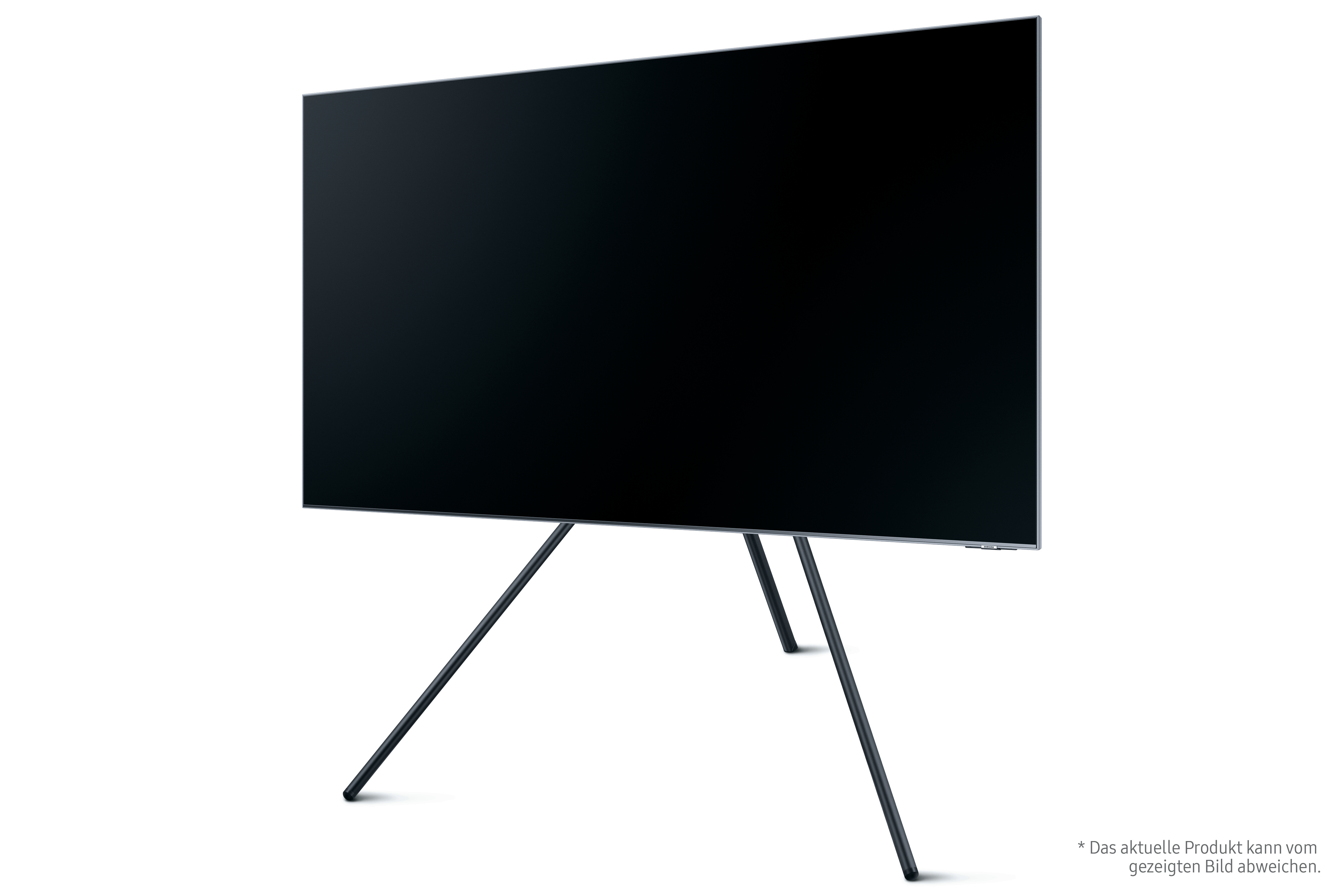 Schwarzer Fernseher auf minimalistischem Ständer. Weißer Hintergrund.