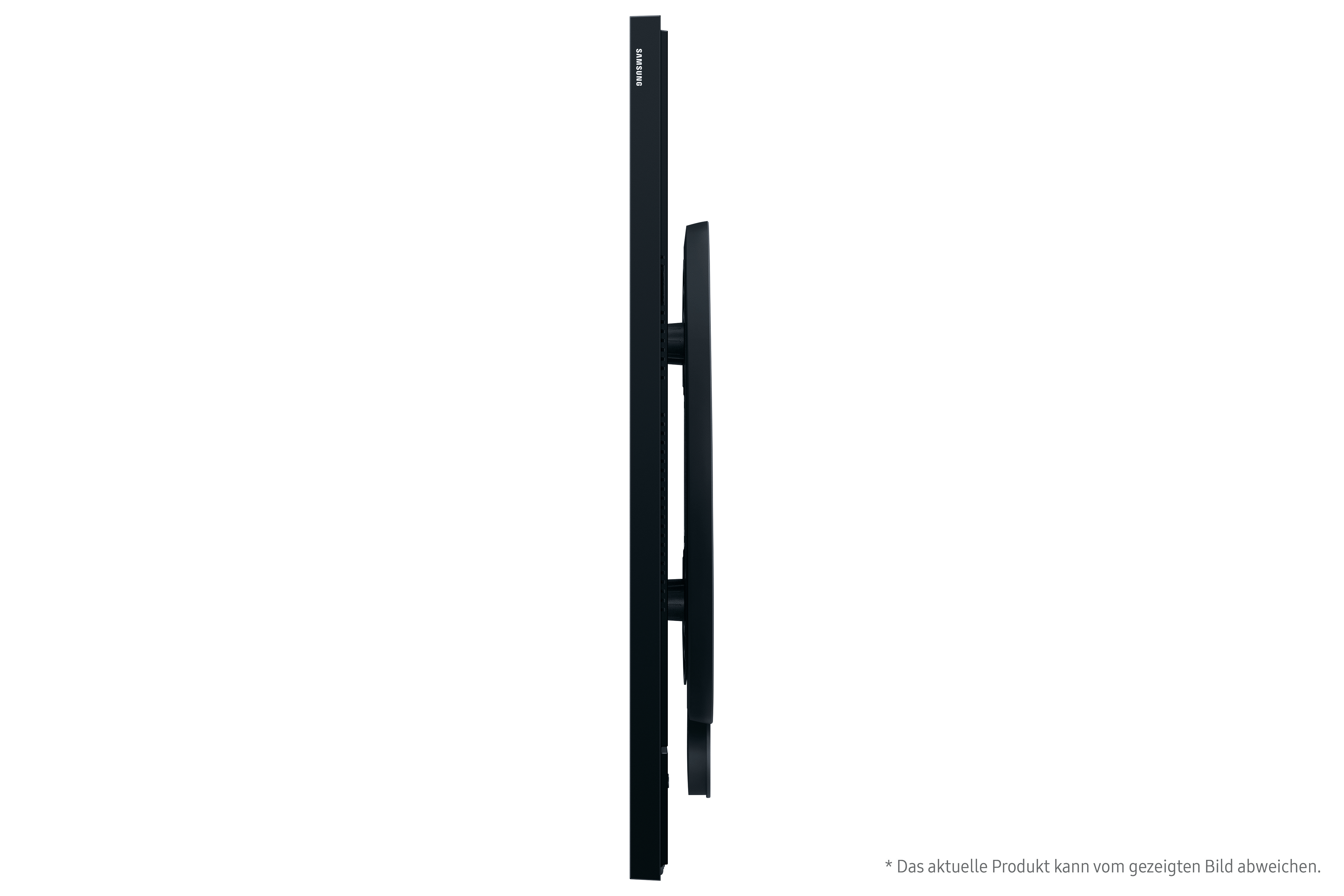 Schwarzer Monitor oder Fernseher. Es ist an einer Wand montiert. Samsung-Logo oben.