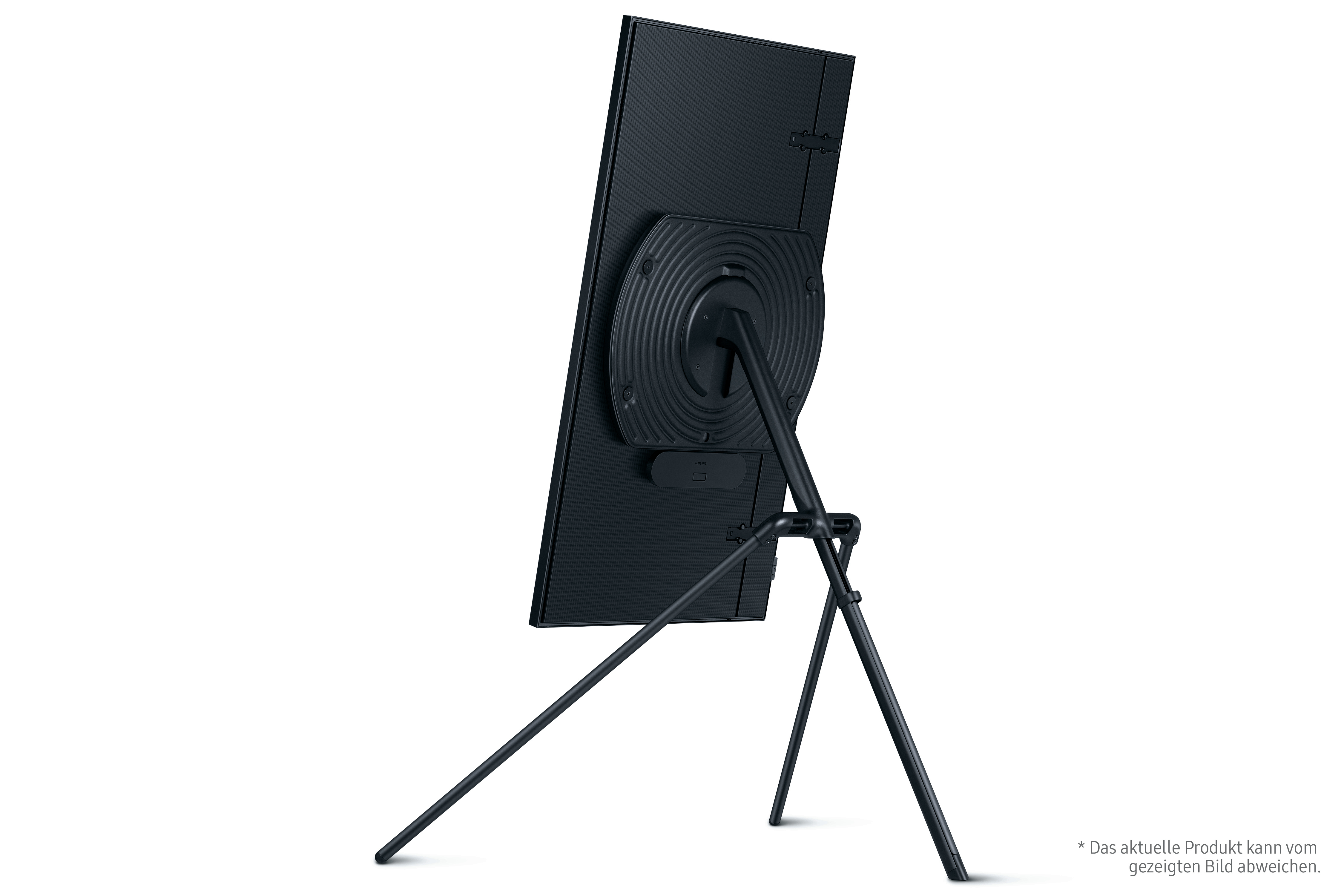 Ein schwarzes, hohes Standdisplay auf einem Dreibein. Die Rückseite des Displays ist sichtbar.