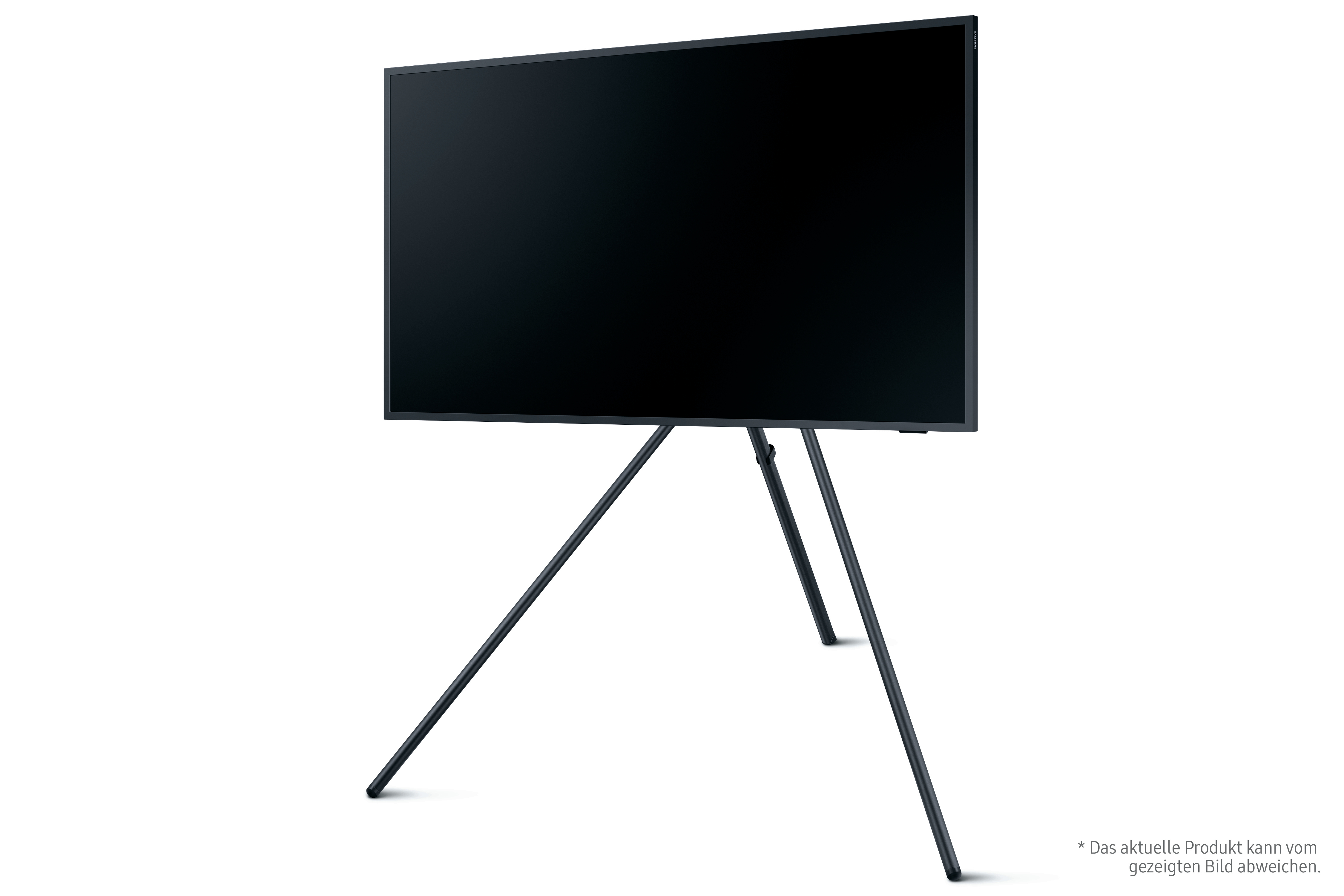 Schwarzer Fernseher auf Stativ, weißer Hintergrund, Frontansicht.