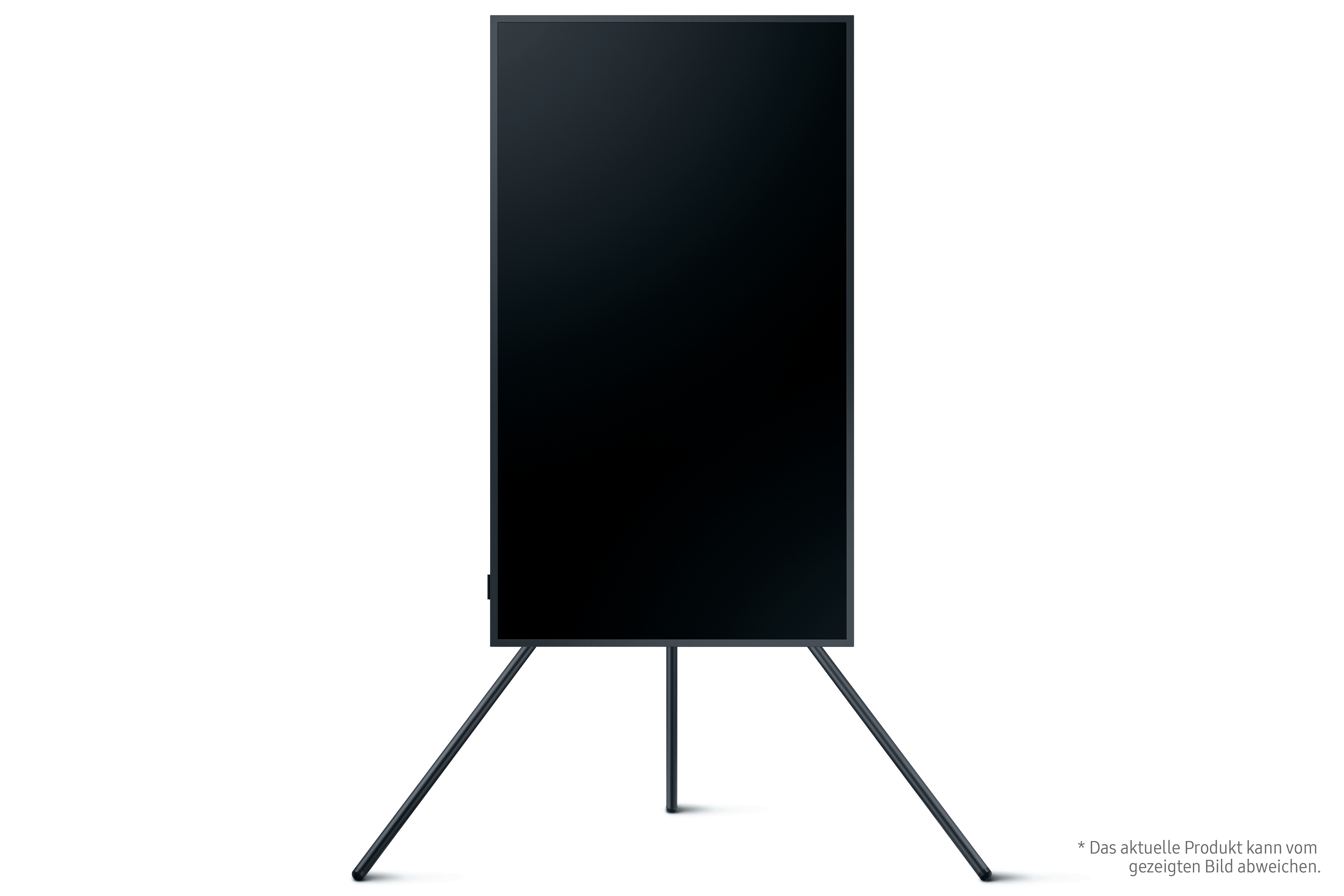 Schwarzer Bildschirm-TV auf einem Stativ. Der Fernseher ist ausgeschaltet, modernes Design.