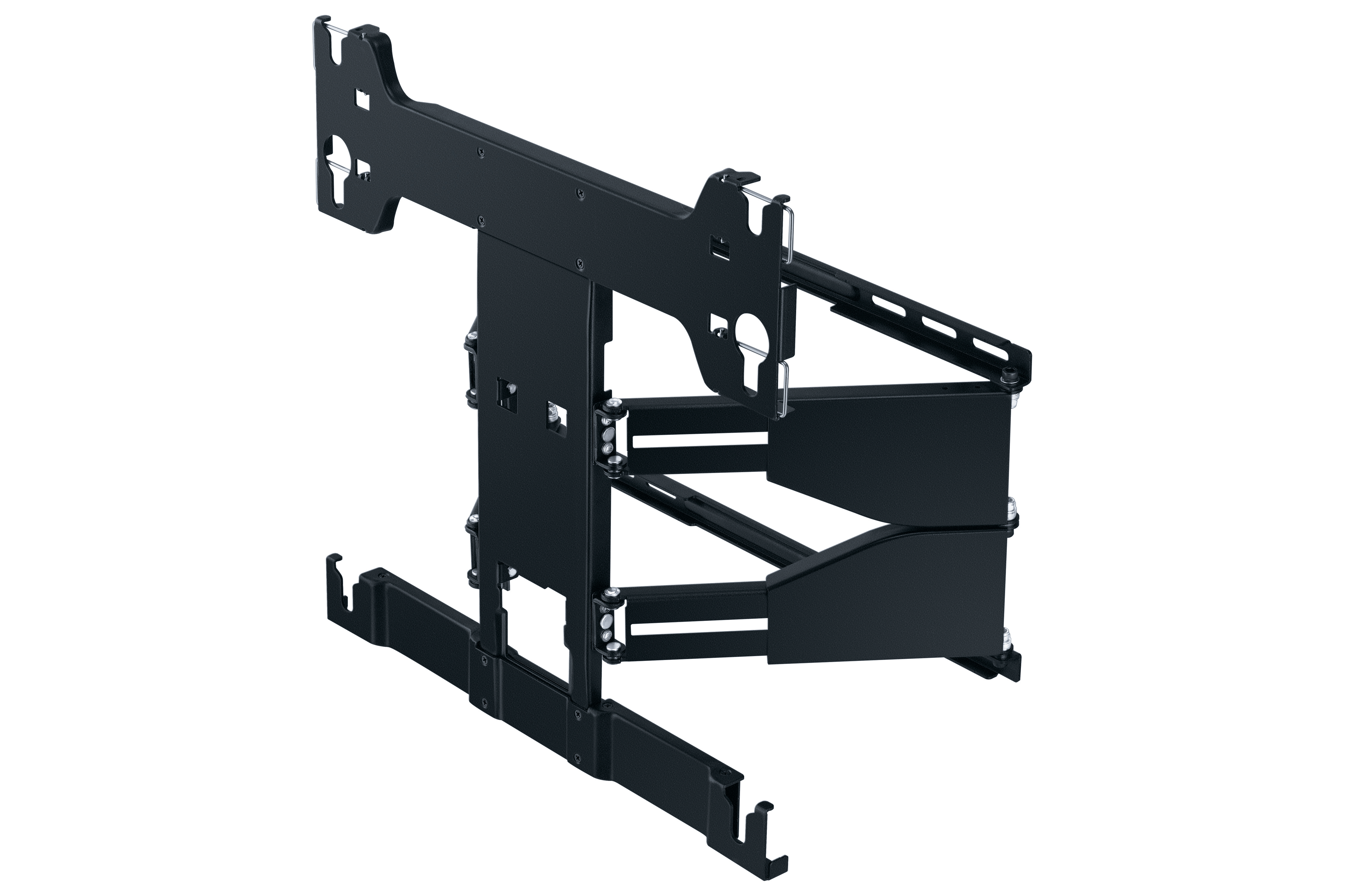 Schwarze TV-Wandhalterung, komplexes Design, mit mehreren Befestigungspunkten.