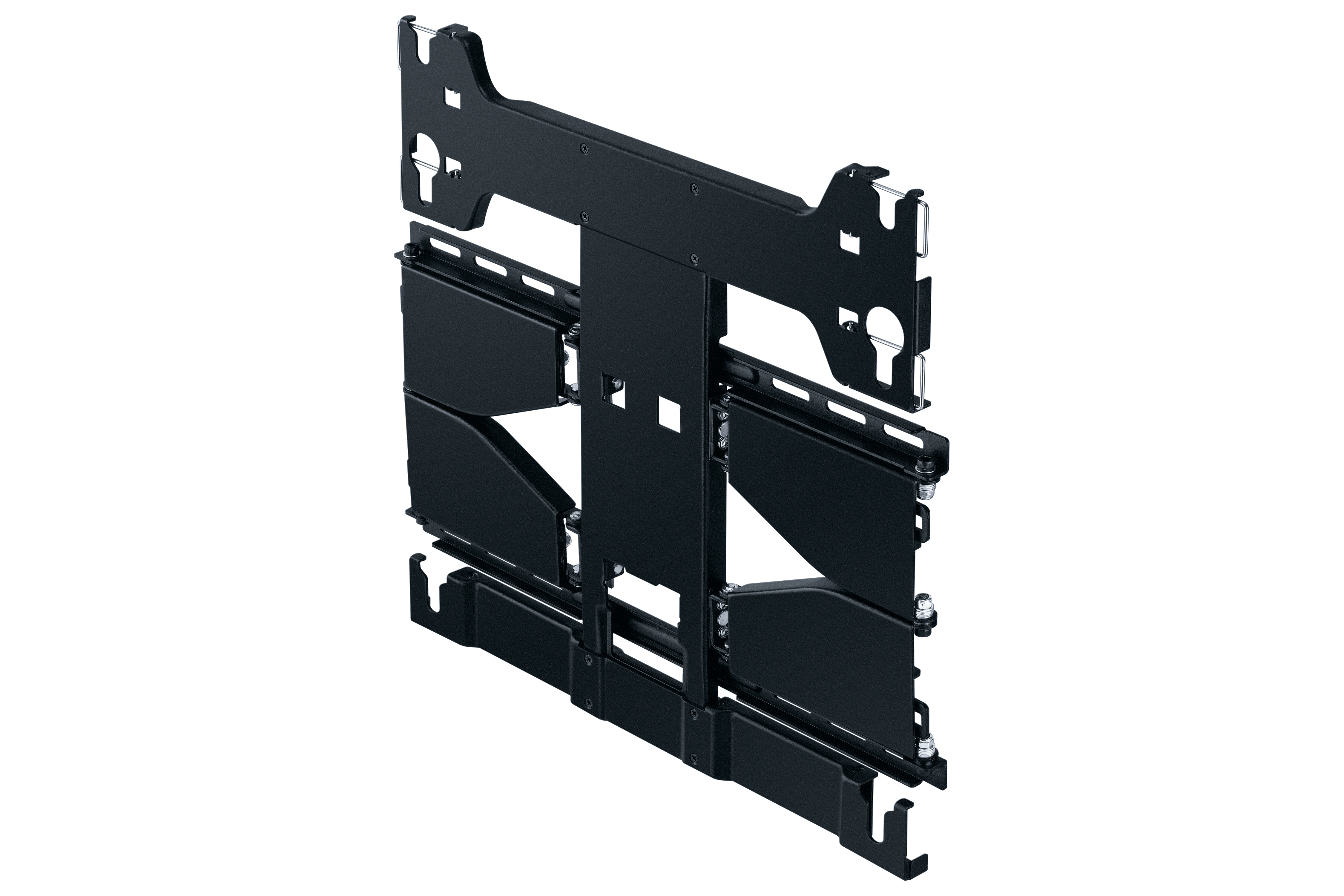 Schwarze TV-Wandhalterung aus Metall. Es ist eine flache, rechteckige Struktur mit Halterungen und Befestigungspunkten für einen Fernseher.