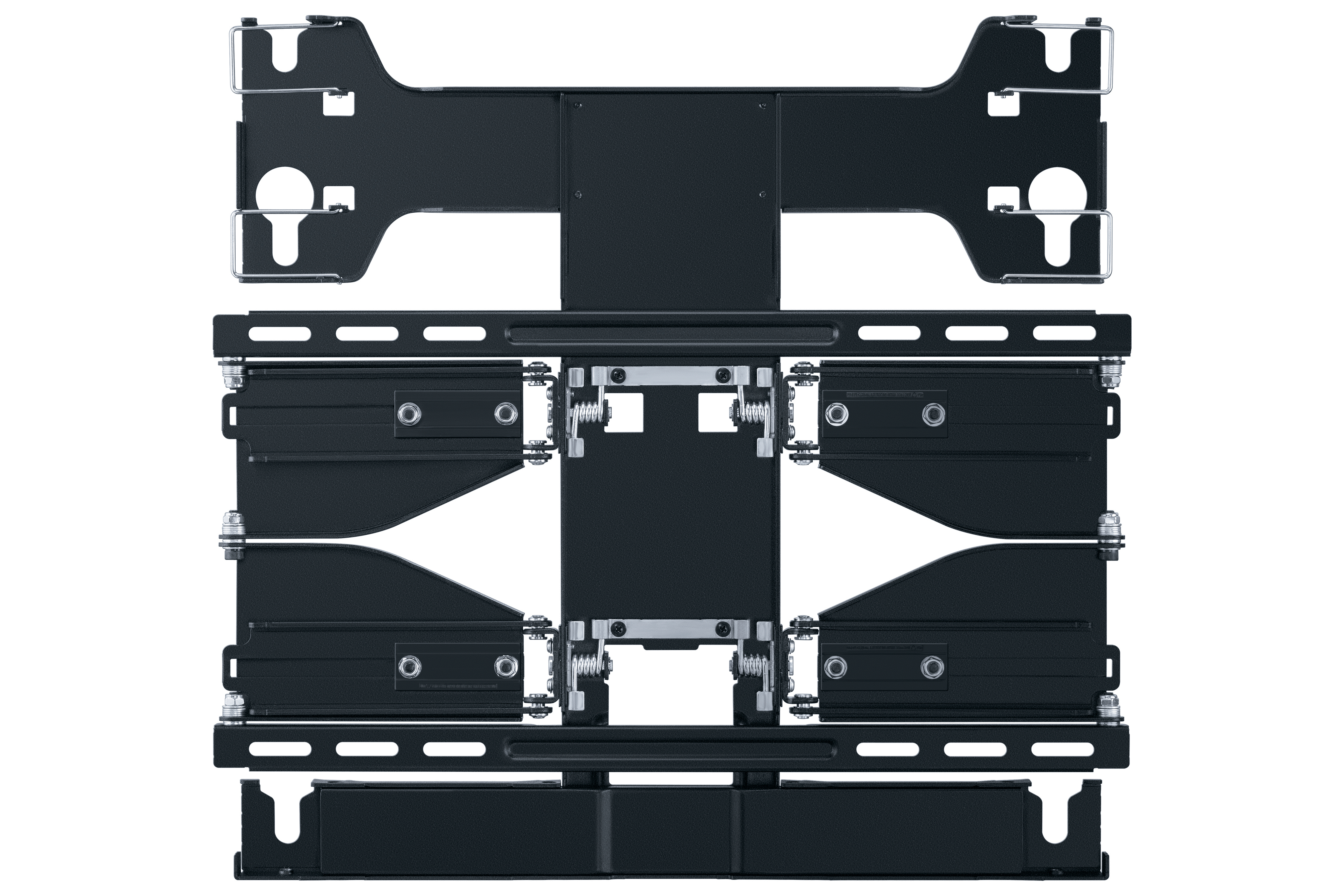 Ein schwarzes Samsung TV-Wandhalterungs-Kit mit mehreren Teilen und Befestigungselementen.
