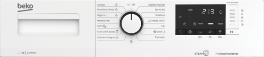 Panel de control de lavadora blanco. Tiene un dial y una pantalla digital con botones y texto.