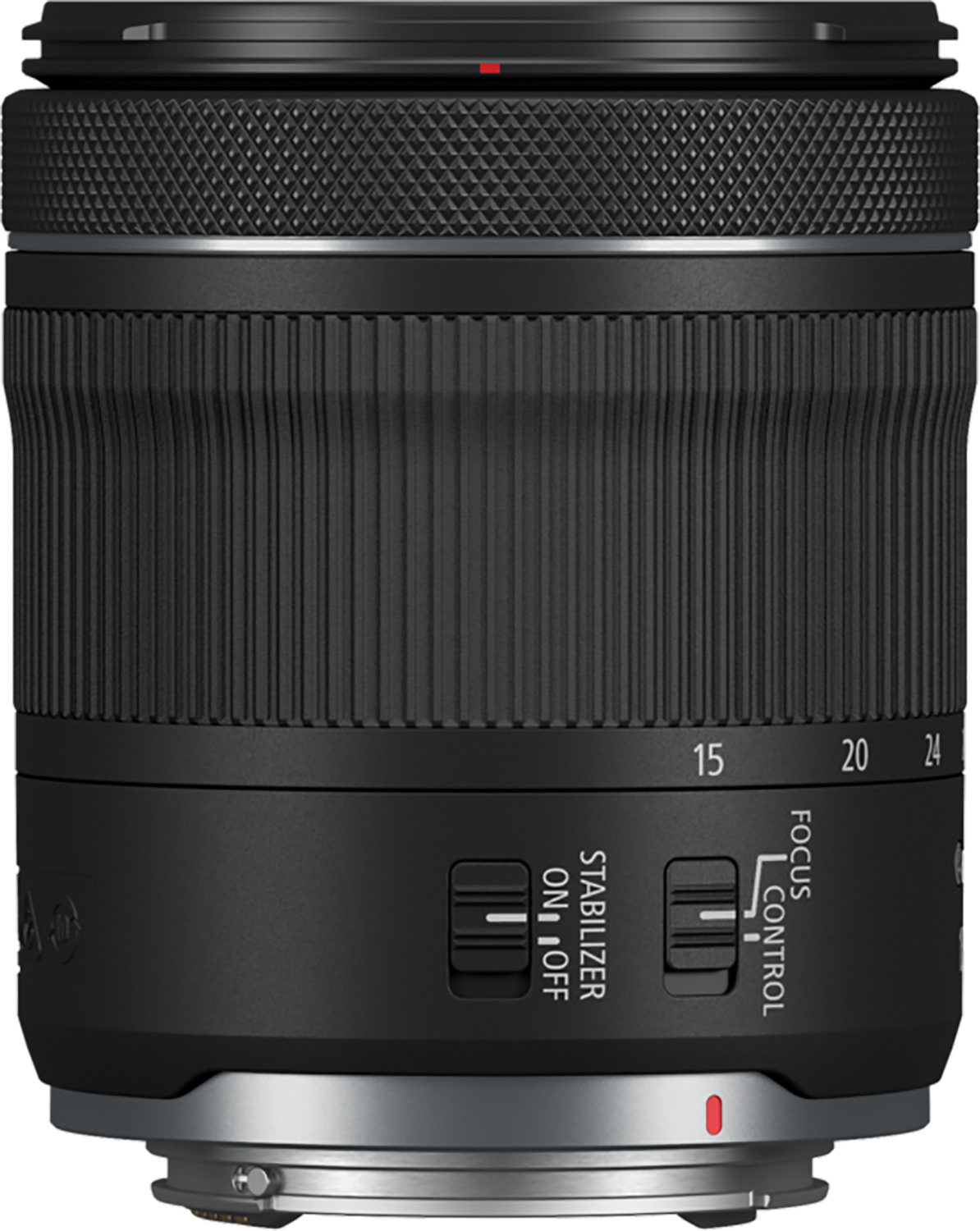 Black camera lens with focus and stabilizer controls. It has a silver base and markings for focal lengths.
