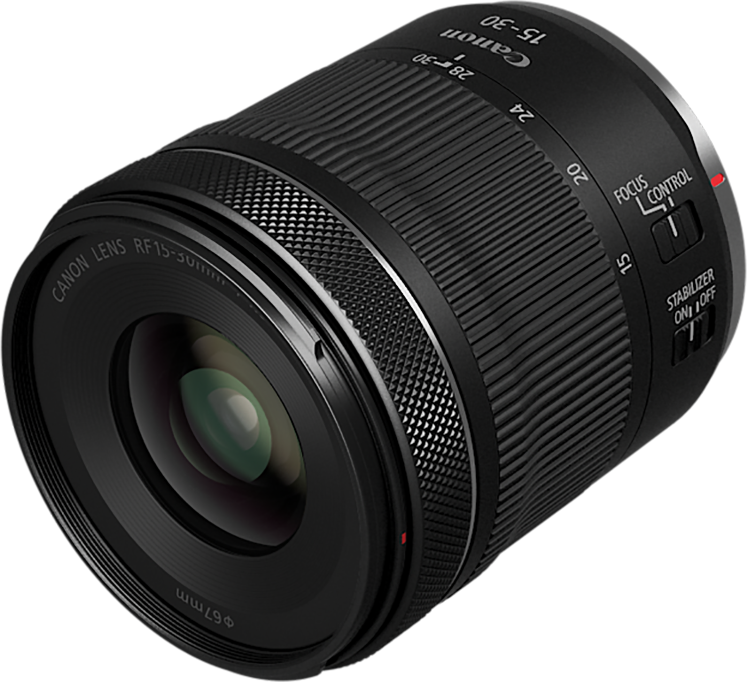 Black camera lens with focus and stabilizer controls, marked 'Canon' and '67mm'.