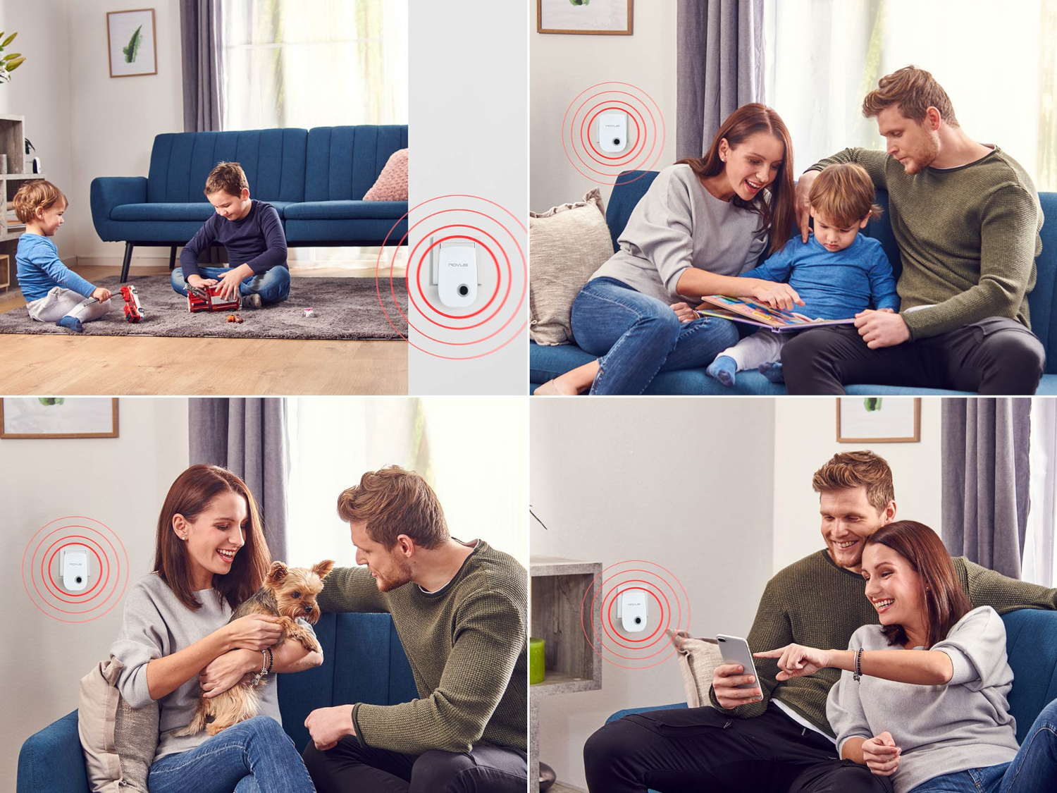 Négy kép egy családról, akik Wi-Fi bővítőt használnak. Bővítő a falon, a család telefonokat használ.