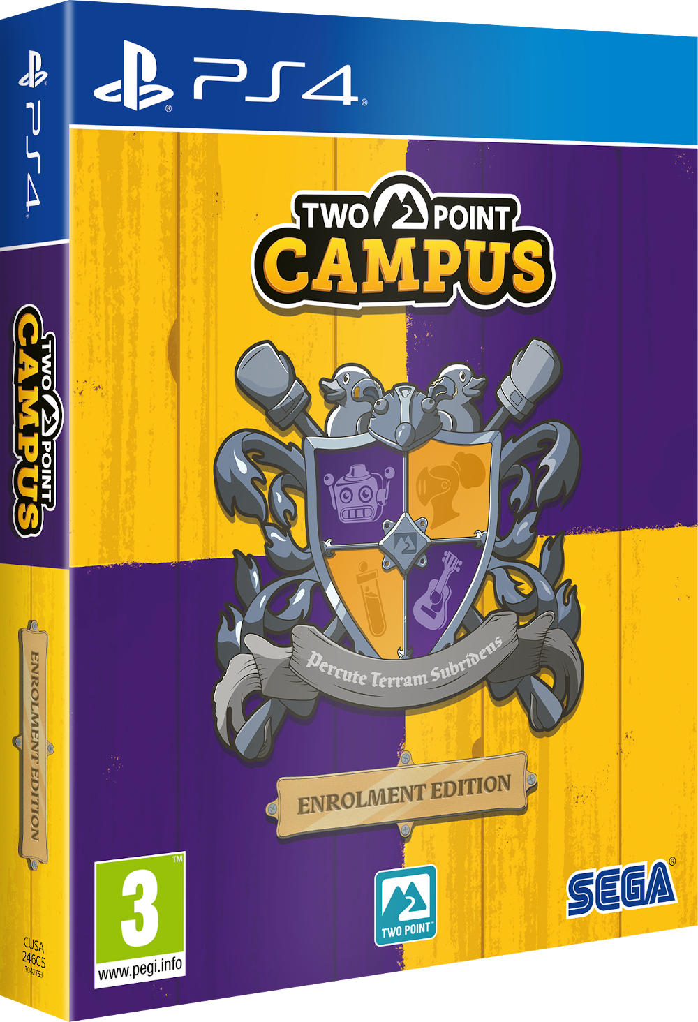 Játékdoboz, sárga és lila. A cím "Two Point Campus". Tartalmaz egy PS4 logót és egy 3-as besorolást.