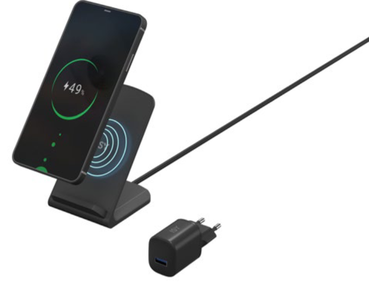 Ein schwarzer Telefonladeständer mit einem Telefon, das 49 % Akku anzeigt. Ein Ladegerät ist angeschlossen.