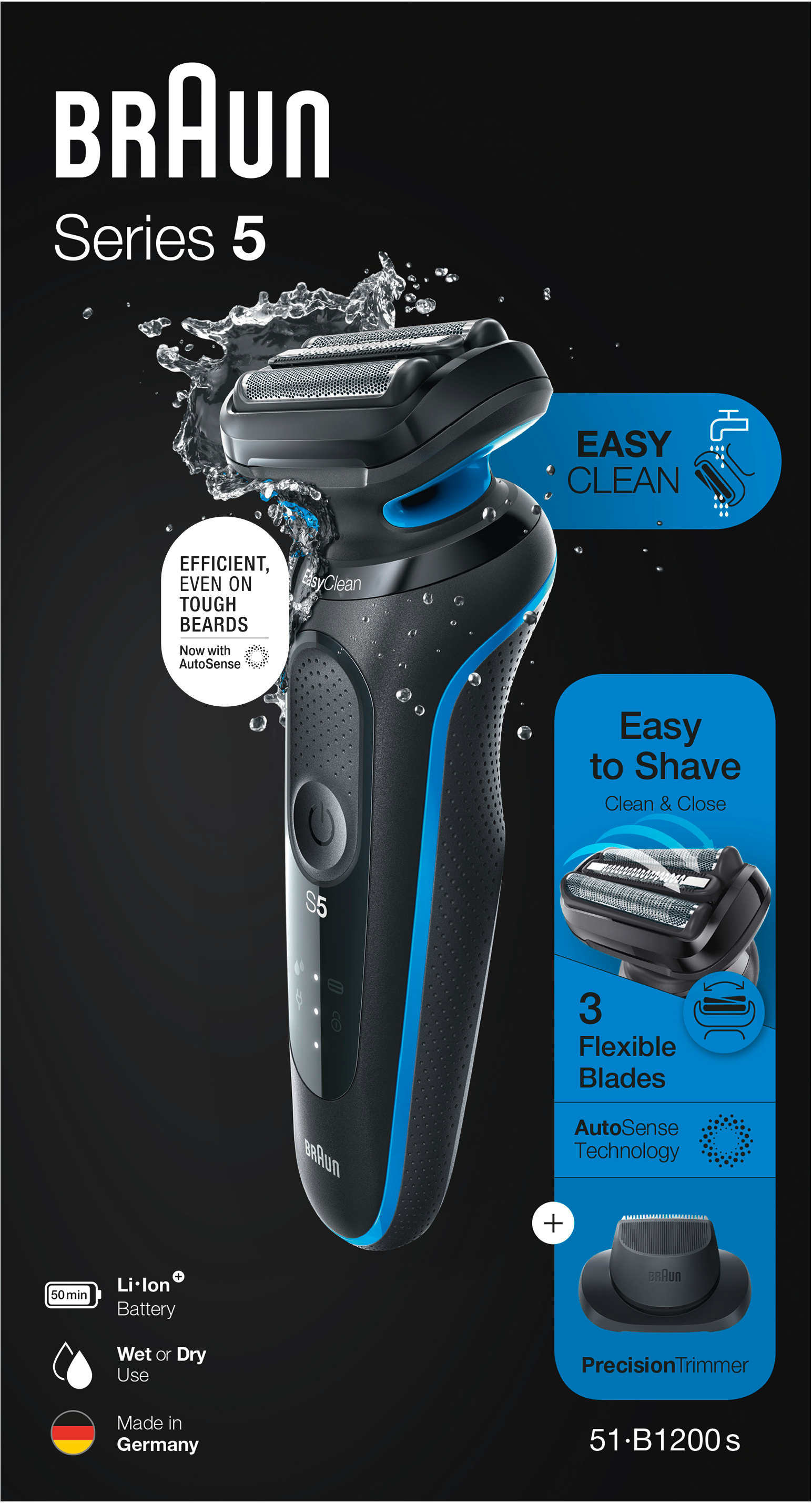 Elektrischer Rasierer Braun Series 5, schwarz und blau, mit Wassertropfen und Textetiketten.