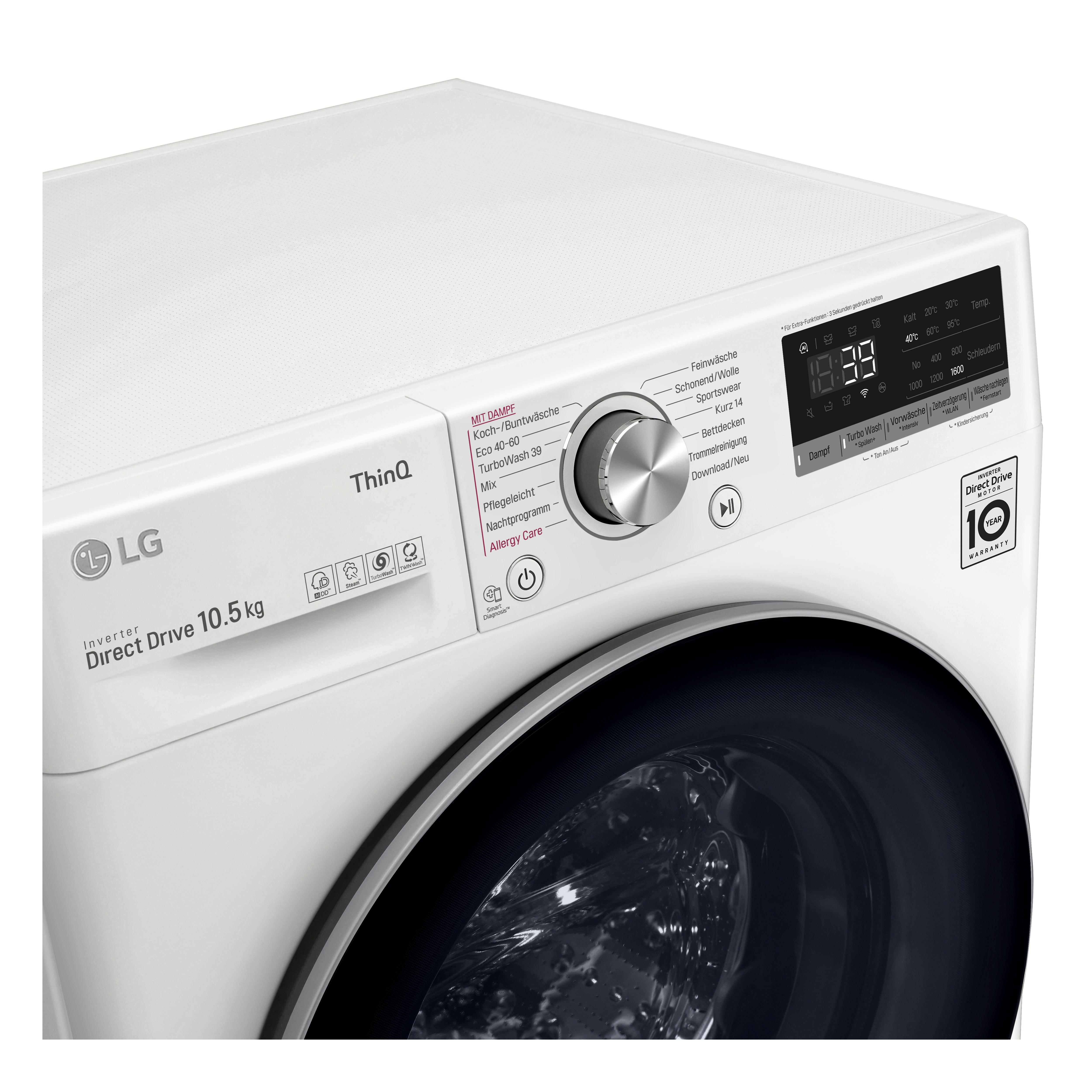 Eine weiße LG Waschmaschine mit Bedienfeld. Die Tür ist schwarz und eine Kapazität von 10,5 kg ist sichtbar.