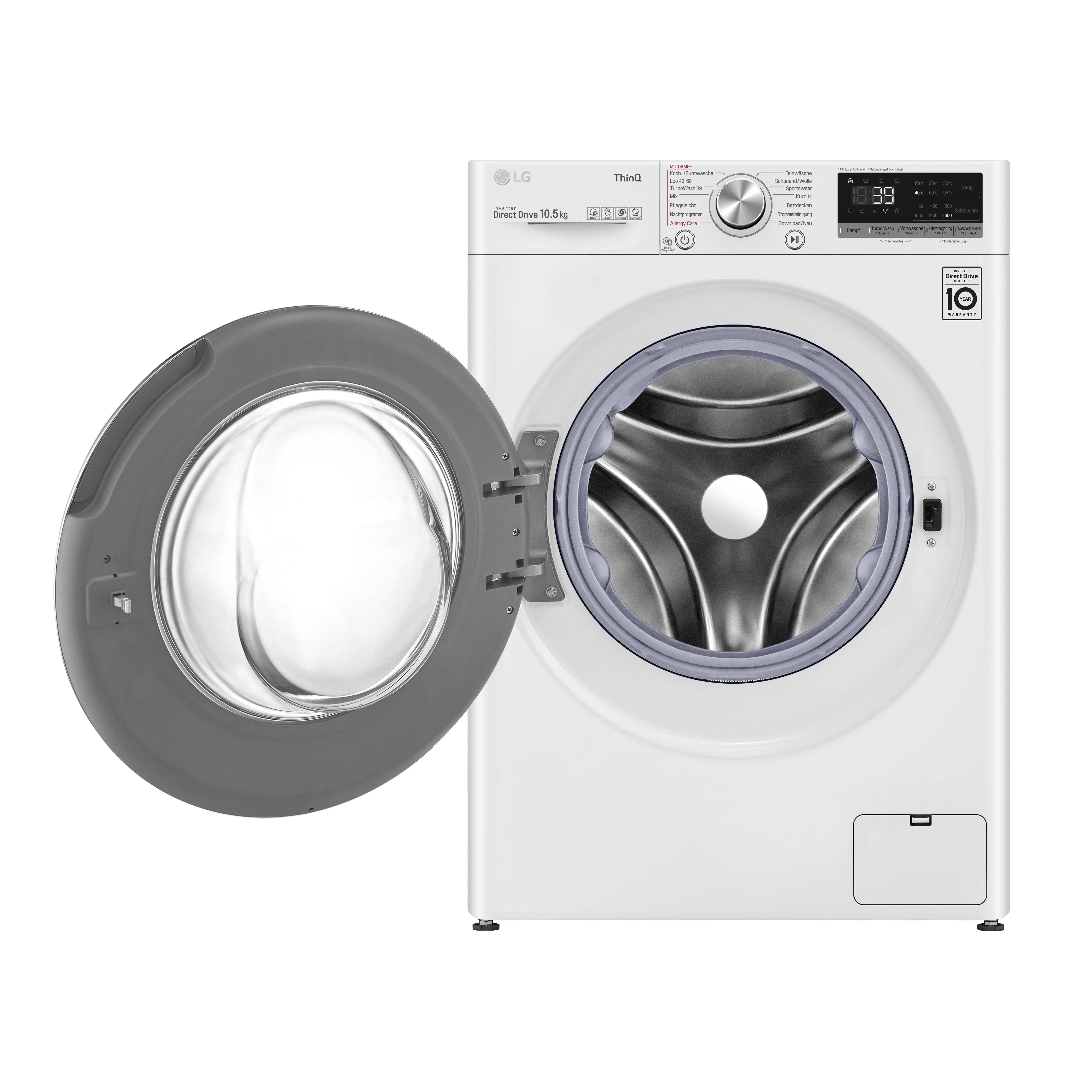 Weiße LG Waschmaschine mit offener grauer Tür.