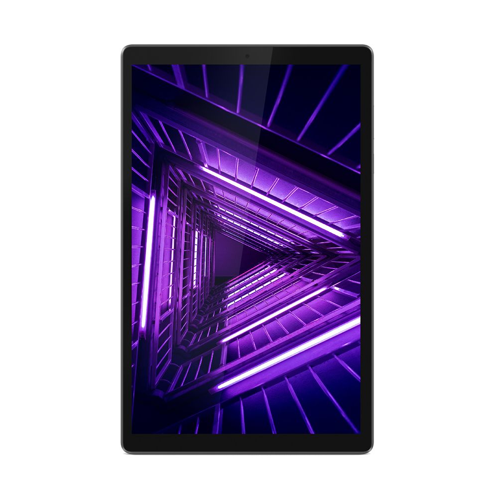 Pantalla de tableta que muestra un túnel angular iluminado en púrpura con líneas repetidas.