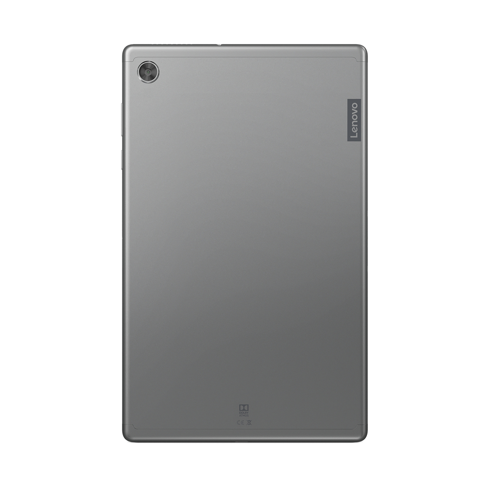 Vista trasera de una tableta Lenovo plateada. Una sola cámara es visible, con el logotipo de Lenovo.