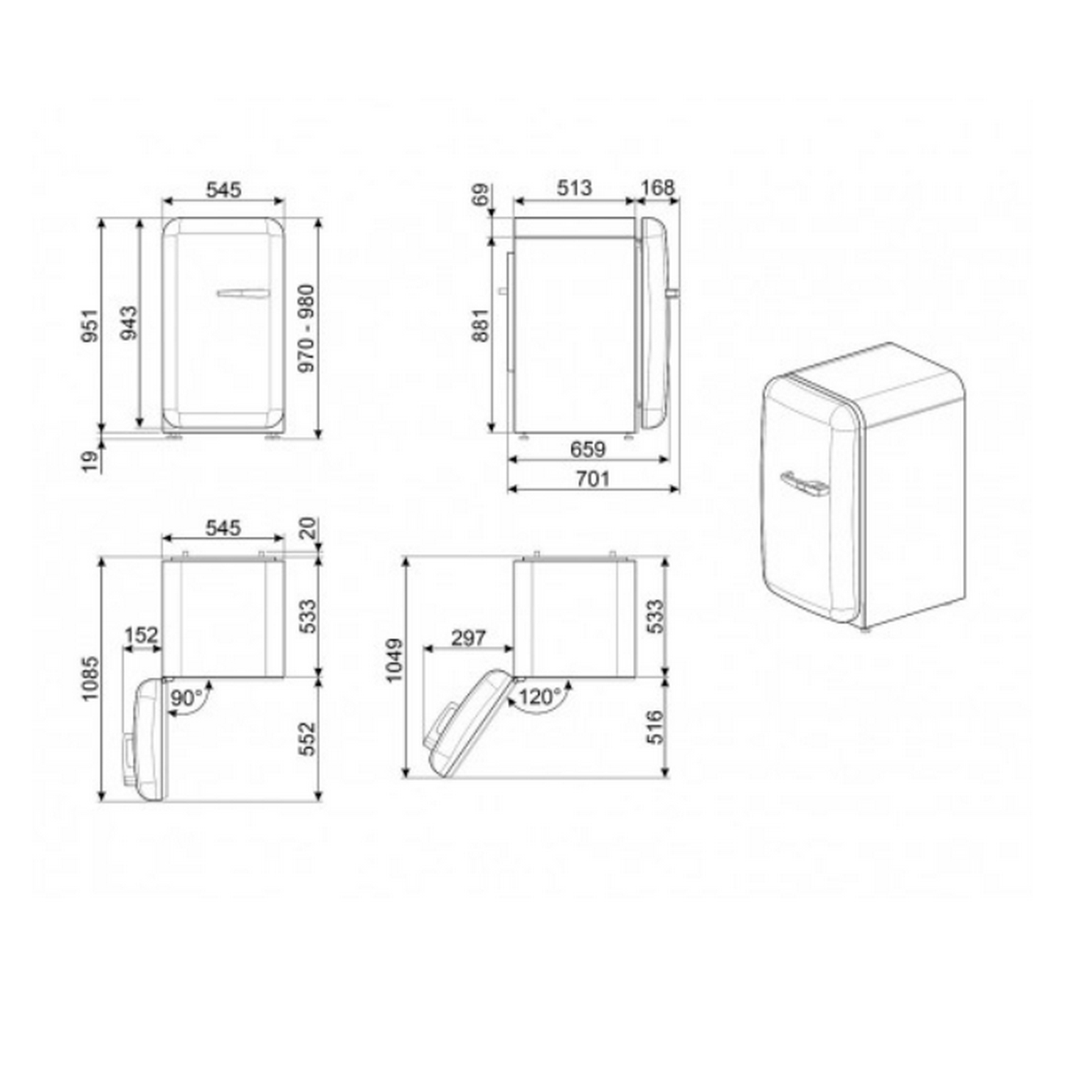 Dibujos técnicos de un refrigerador retro con dimensiones mostradas en líneas y números negros.