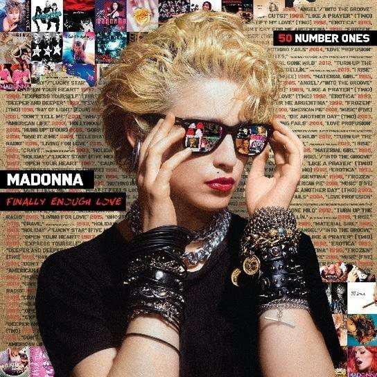 Madonna met zonnebril, poserend met armbanden, met albumkunst achtergrond.