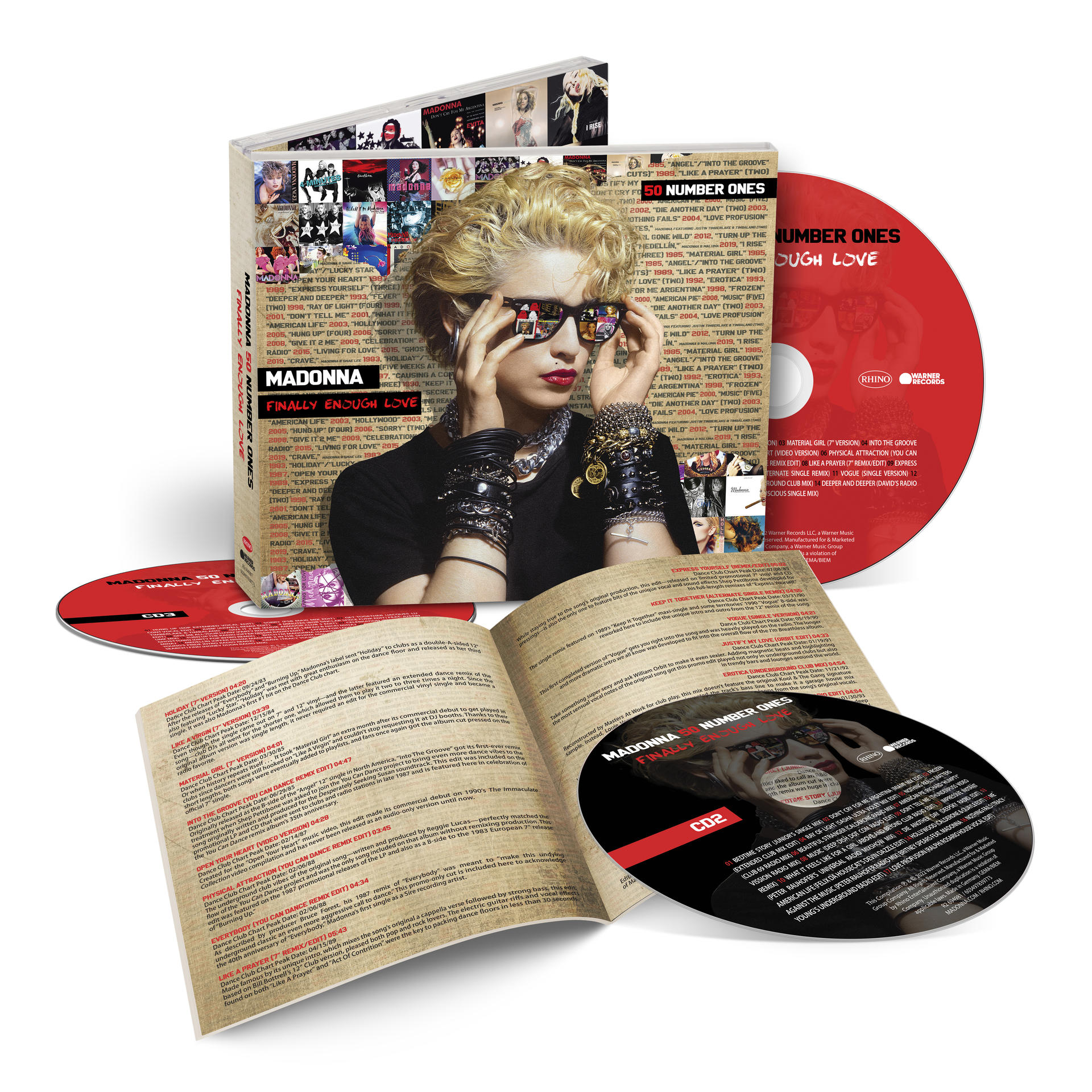 Ein Madonna-Albumcover und CD-Hülle mit CDs und einem Booklet.