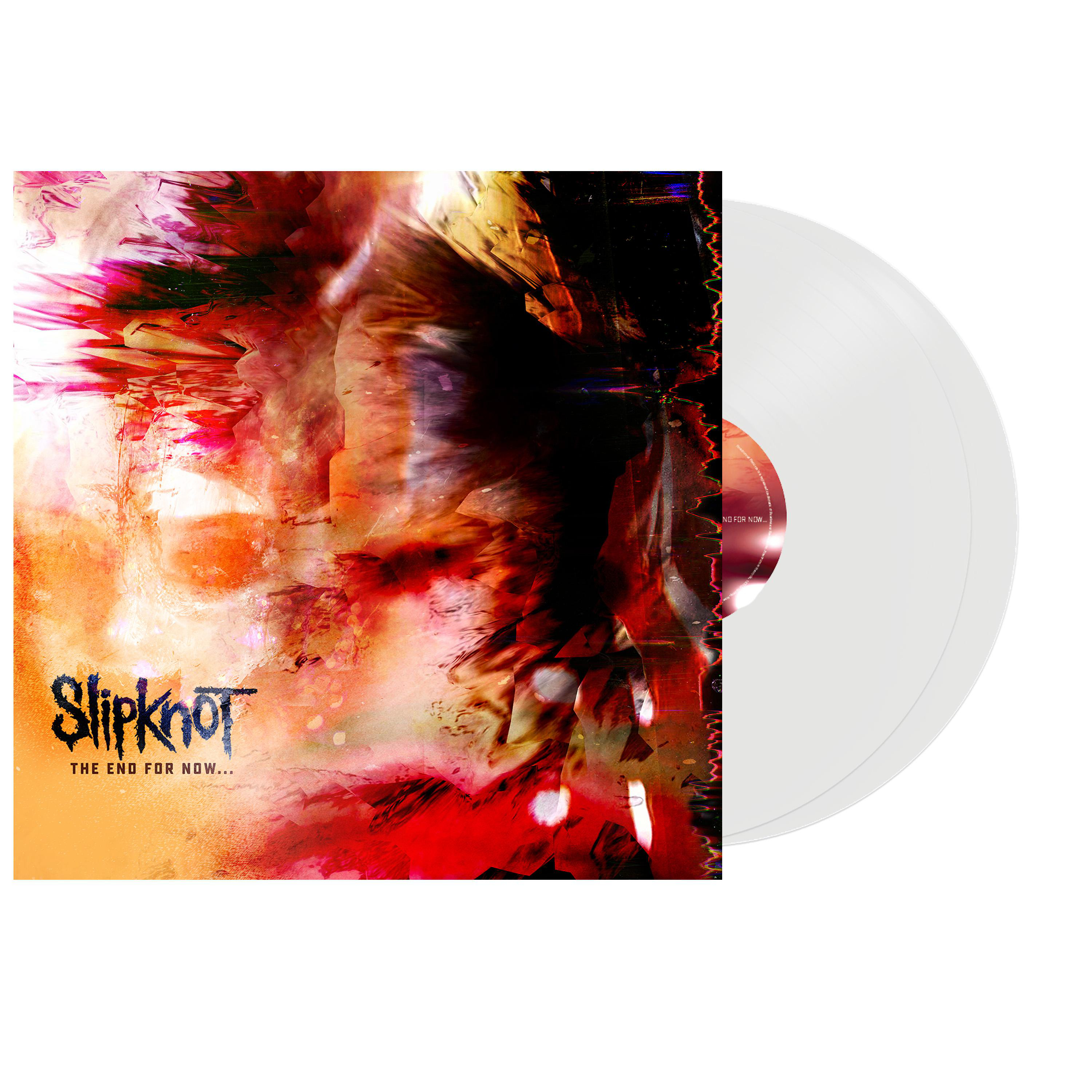 Albumcover, abstrakte Kunst mit schwarzem Slipknot-Logo und weißer Vinyl-Schallplatte auf weißem Hintergrund.