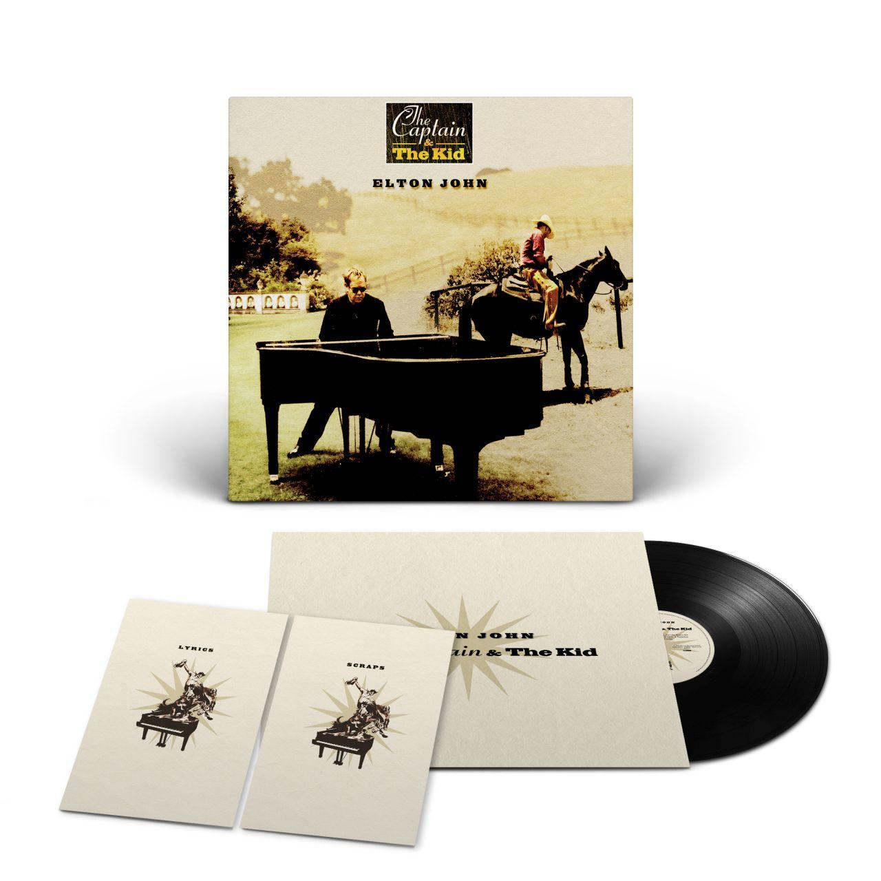 Albumcover. Elton John spielt Klavier. Ein Pferd und Reiter im Hintergrund. Texte und Albumcover sind enthalten.