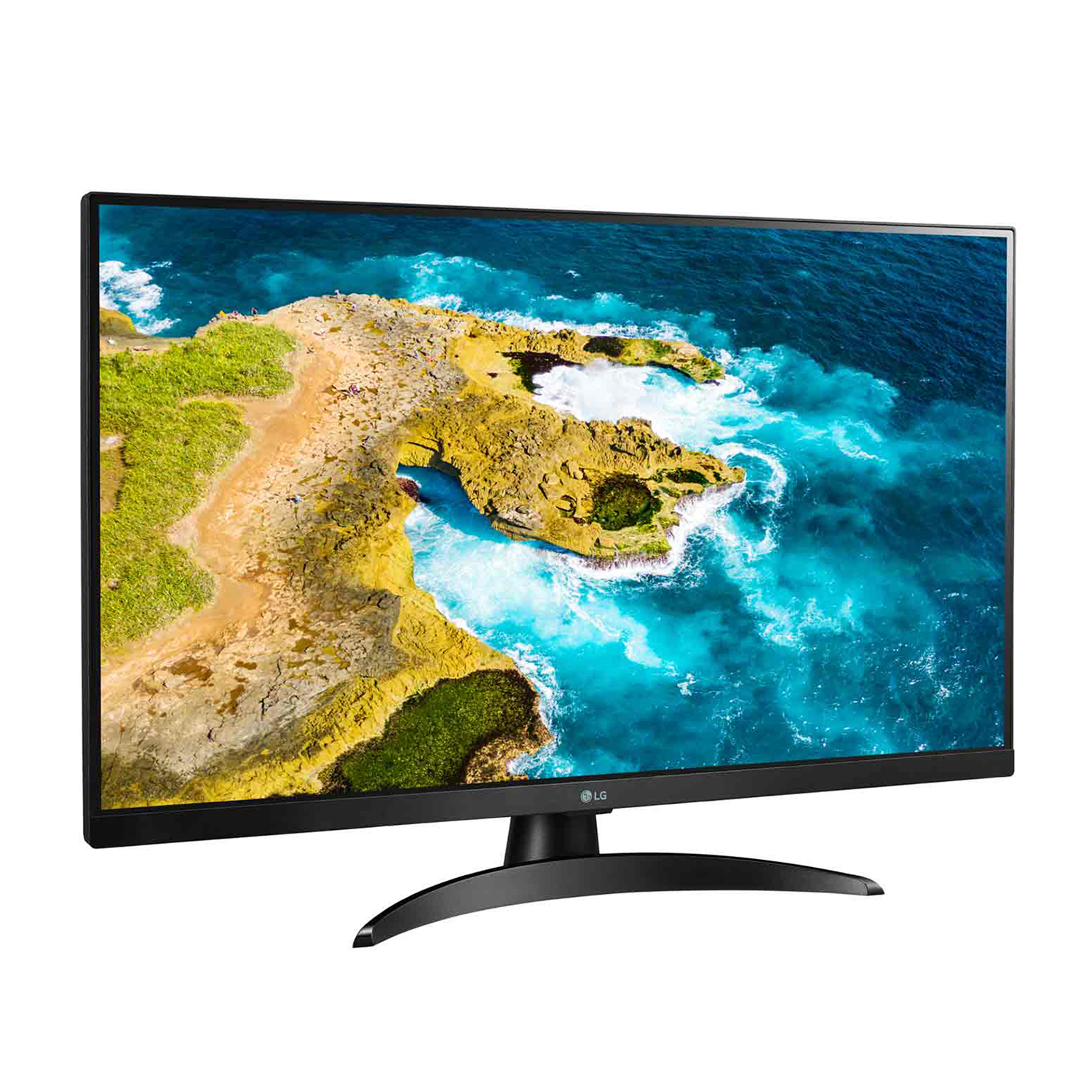 Un monitor di computer che mostra una scena costiera con acqua blu e scogliere sabbiose. Una base nera è alla base.