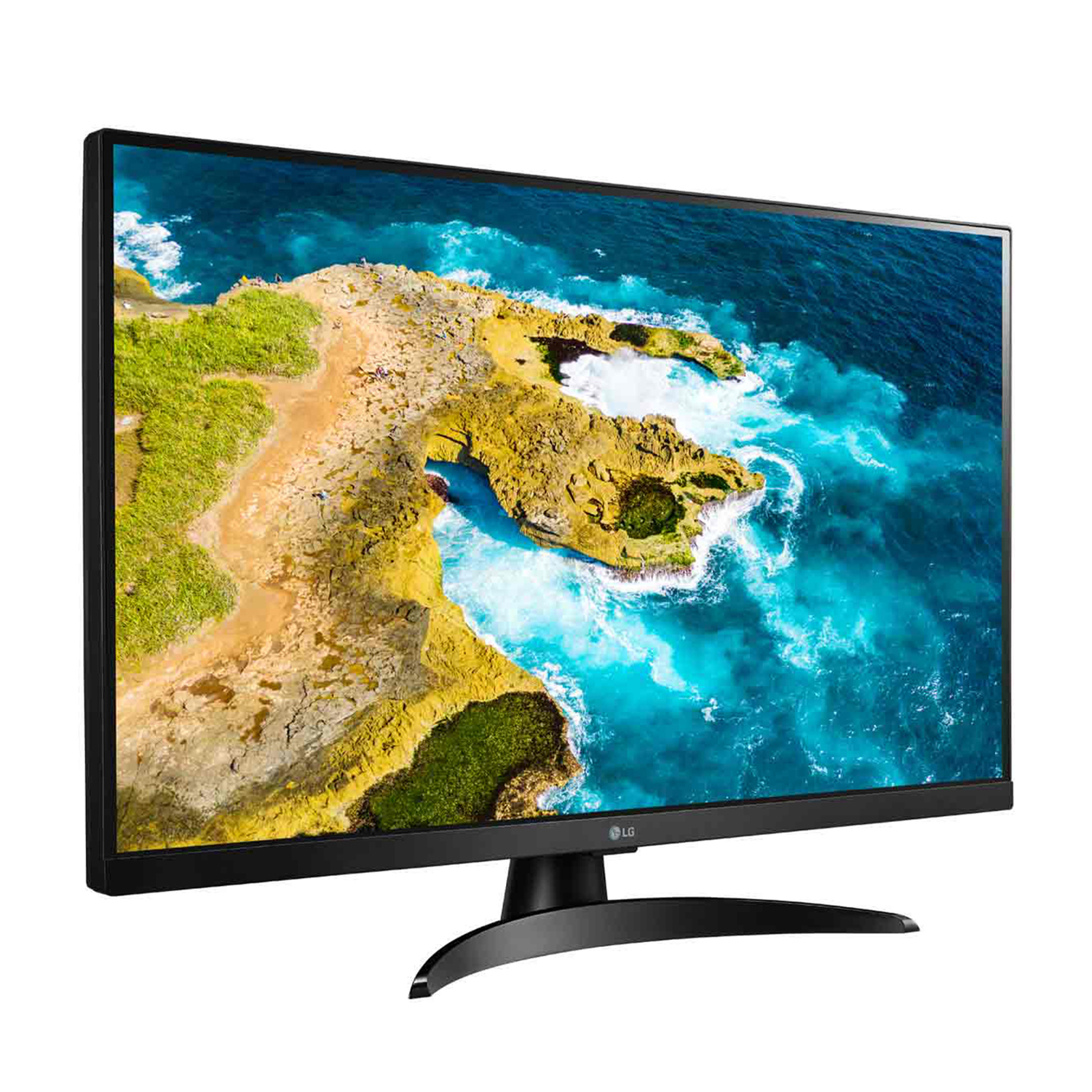 Monitor LG che mostra una scena oceanica. Cornice nera, base curva, su sfondo bianco.