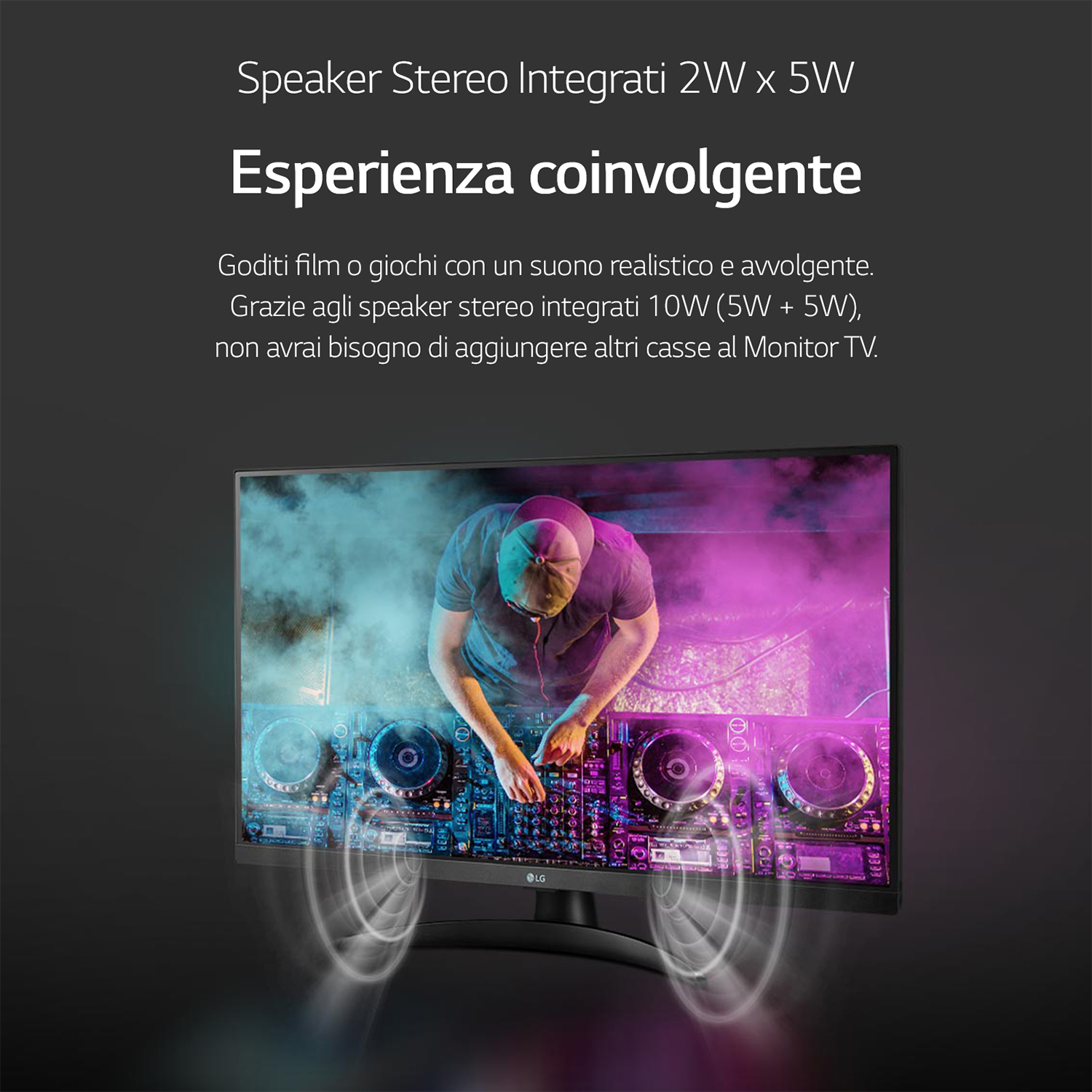 Immagine di un monitor con un setup da DJ sullo schermo e testo sugli altoparlanti.