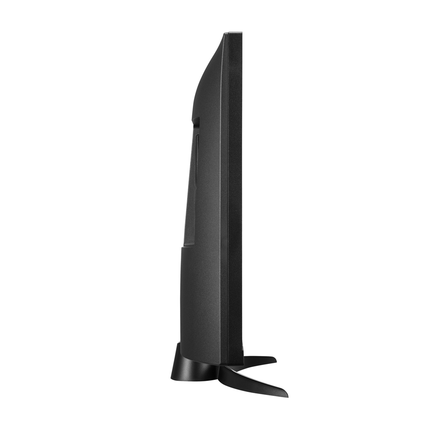 Un televisore LG nero di profilo, con un supporto nero.