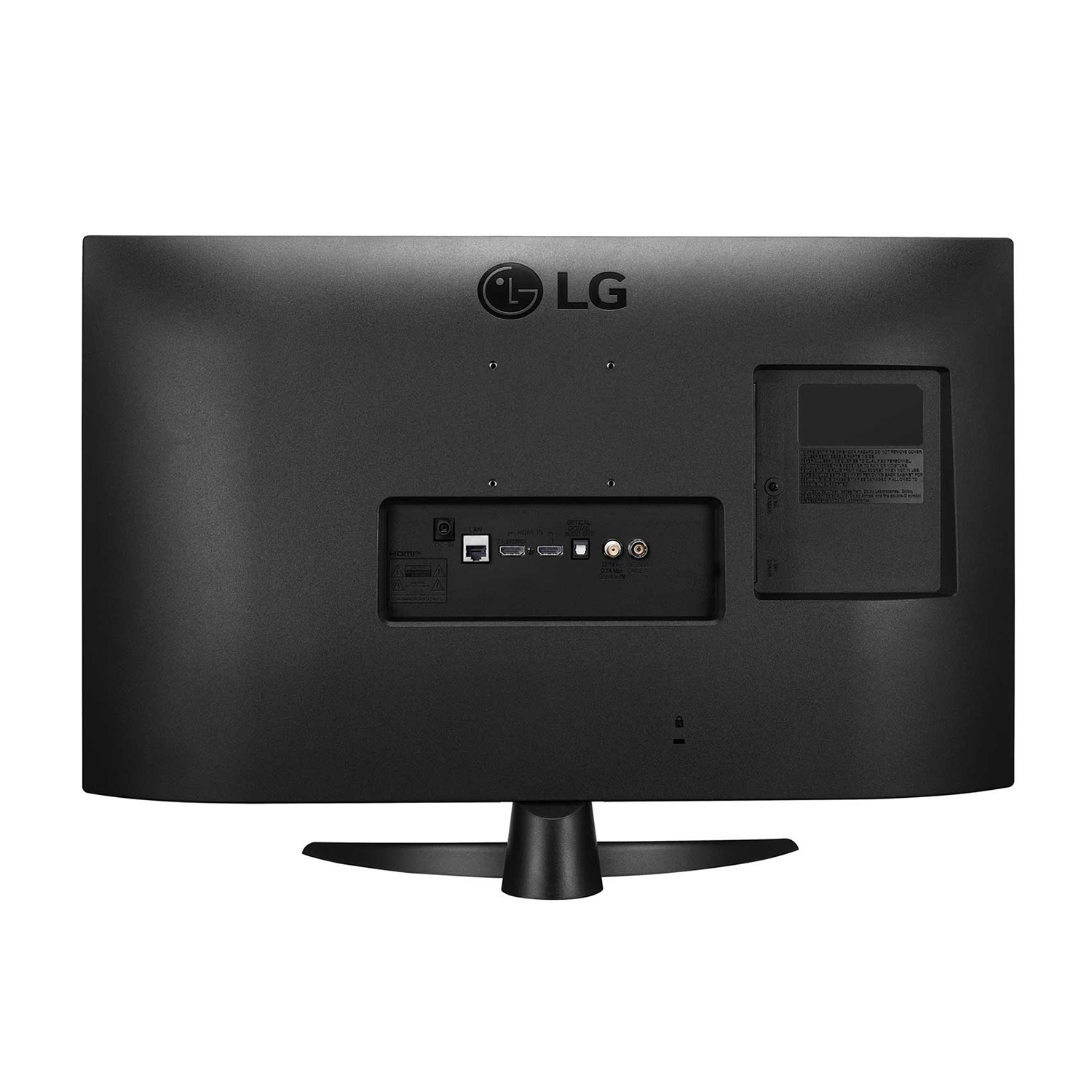 Retro di una TV LG nera con porte e connessioni. Supporto e sfondo neri.