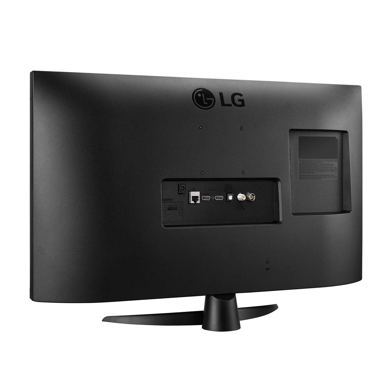 Il retro di una TV LG nera. Le porte sono visibili in basso al centro. Supporto nero.