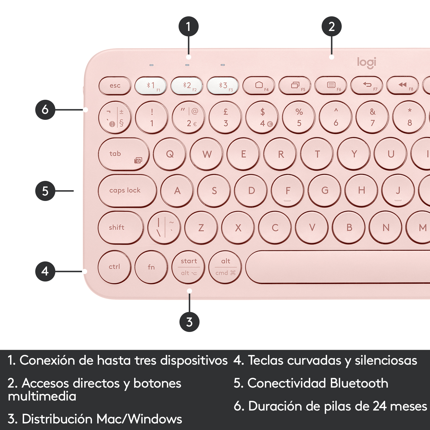 Teclado Logitech rosa con teclas redondas, numeradas del 1 al 8, con teclas de función y multimedia.