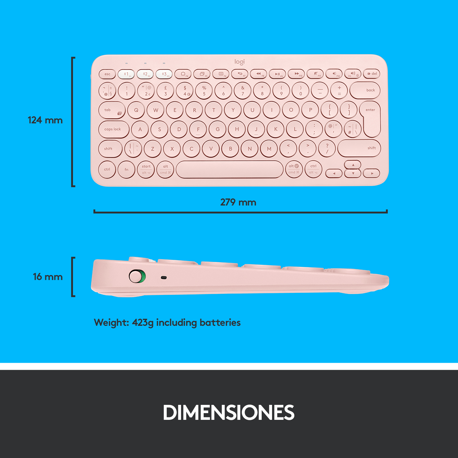 Teclado Logitech rosa con dimensiones mostradas.