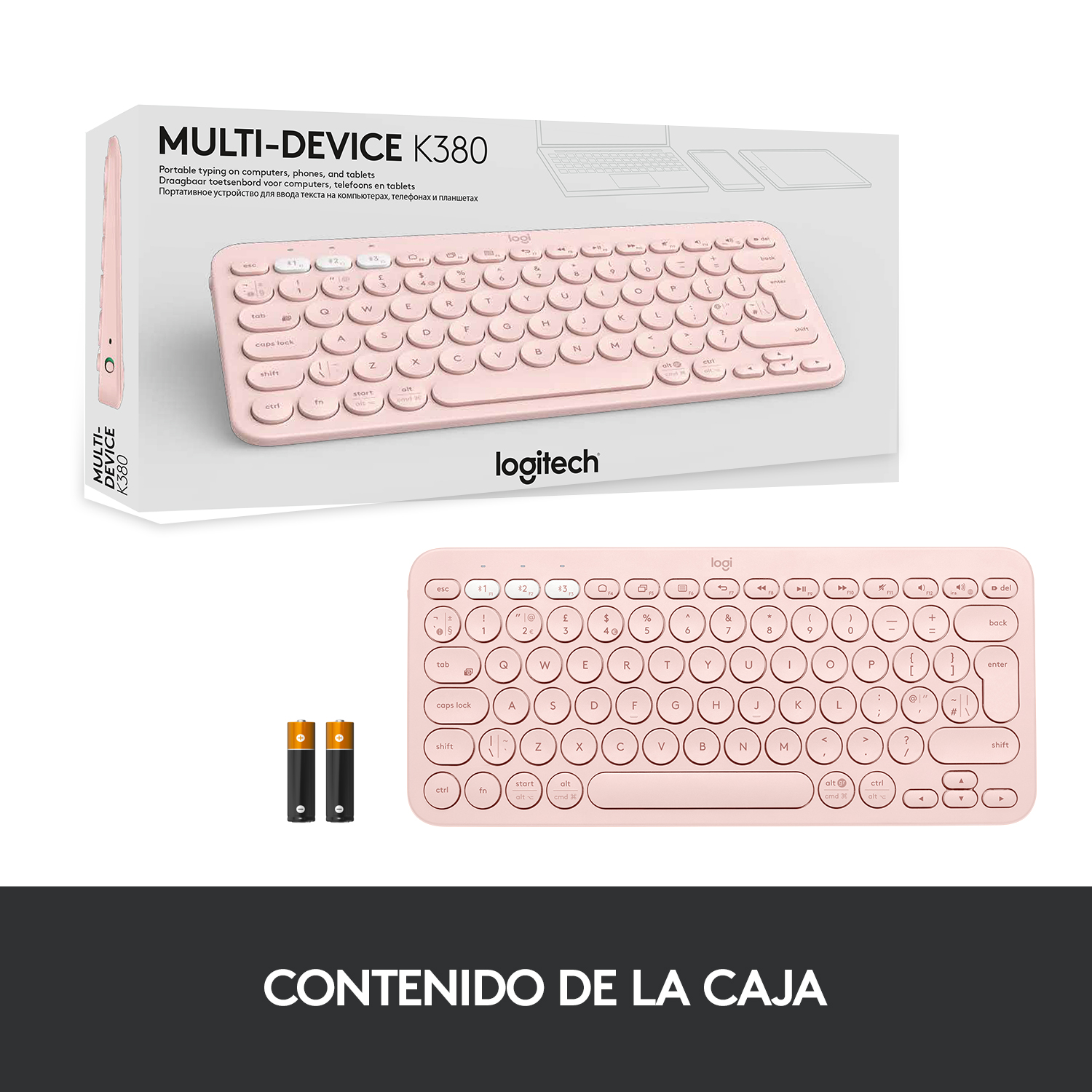 Teclado Logitech rosa con caja blanca y dos pilas, sobre superficie blanca.
