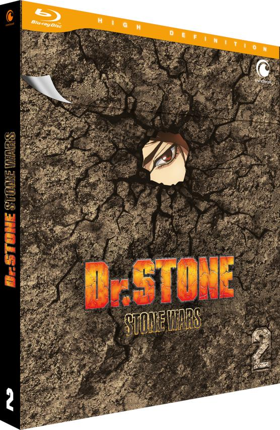 Dr. Stone Stone Wars Blu-ray Disc. Ein Auge einer Figur blickt durch zerbrochenen Stein. Oranger Titel. Schwarzer Rücken.