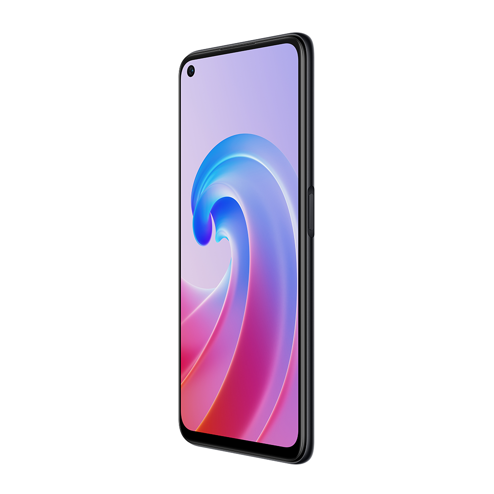 Kavisli ekranlı modern bir akıllı telefon, renkli soyut bir tasarım sergiliyor.