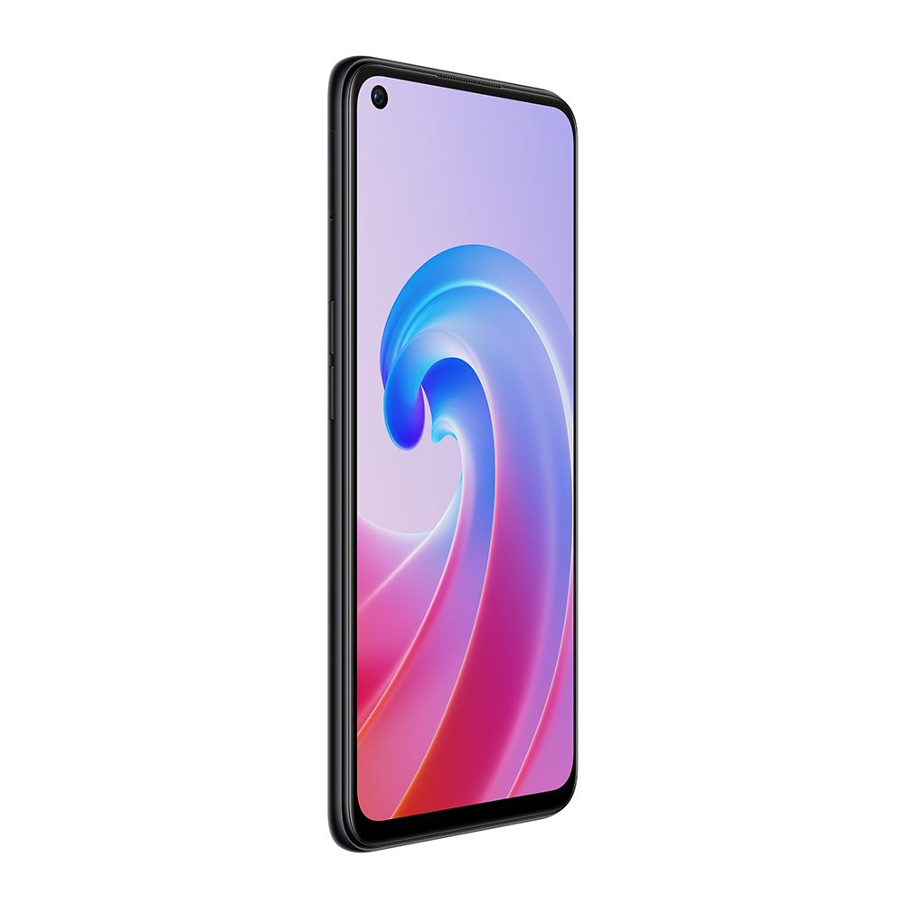 Büyük ekranlı siyah akıllı telefon, mavi ve mor soyut bir görüntü gösteriyor.