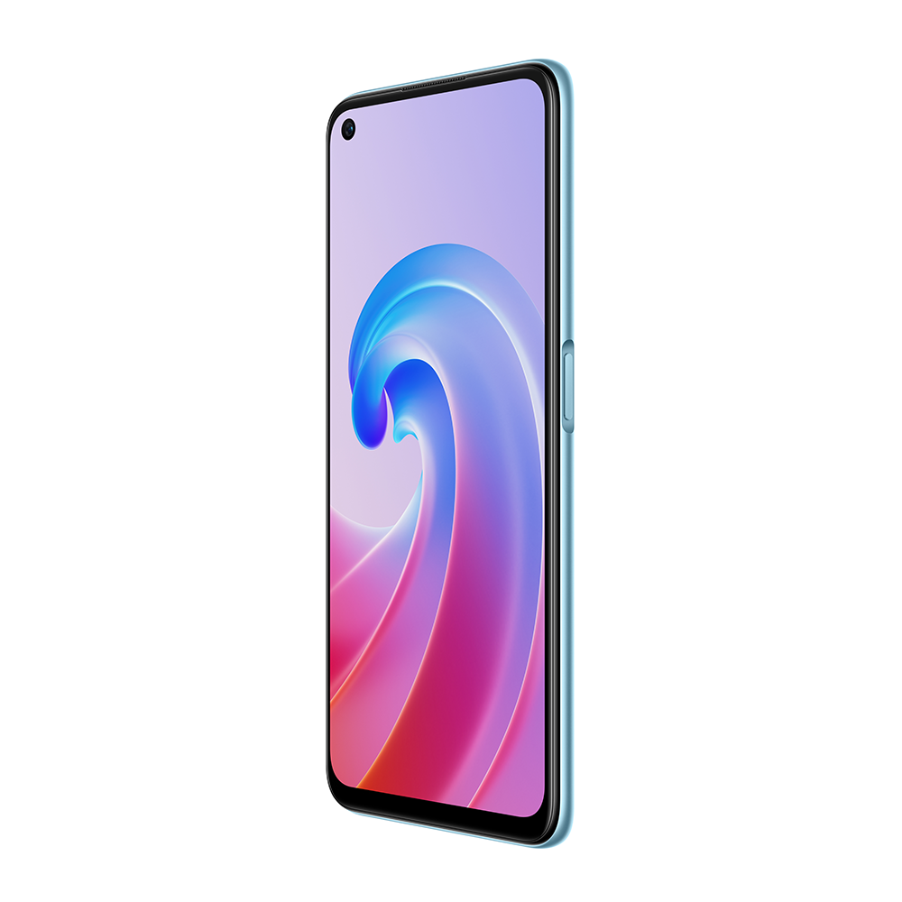 Ekranda dönen bir tasarıma sahip mavi bir akıllı telefon, beyaz bir arka plan üzerinde.