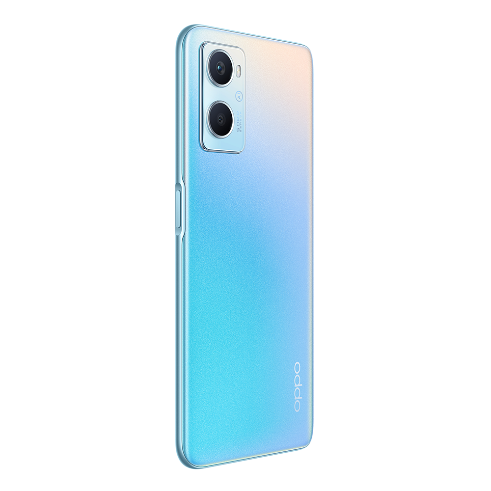 Gradient mavi ve pembe sırtlı bir akıllı telefon, çift kamera ve Oppo logosunu gösteriyor.
