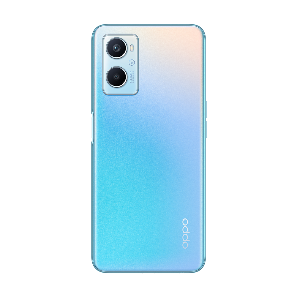 Açık mavi bir Oppo telefon, arka görünüm, kamerayı ve Oppo logosunu gösteriyor.