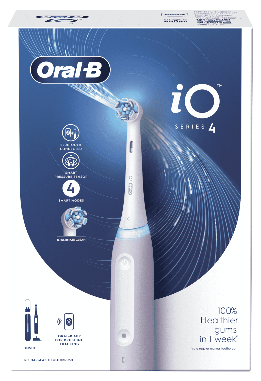Egy Oral-B iO Series 4 elektromos fogkefe doboz funkciókkal és Bluetooth ikonnal.