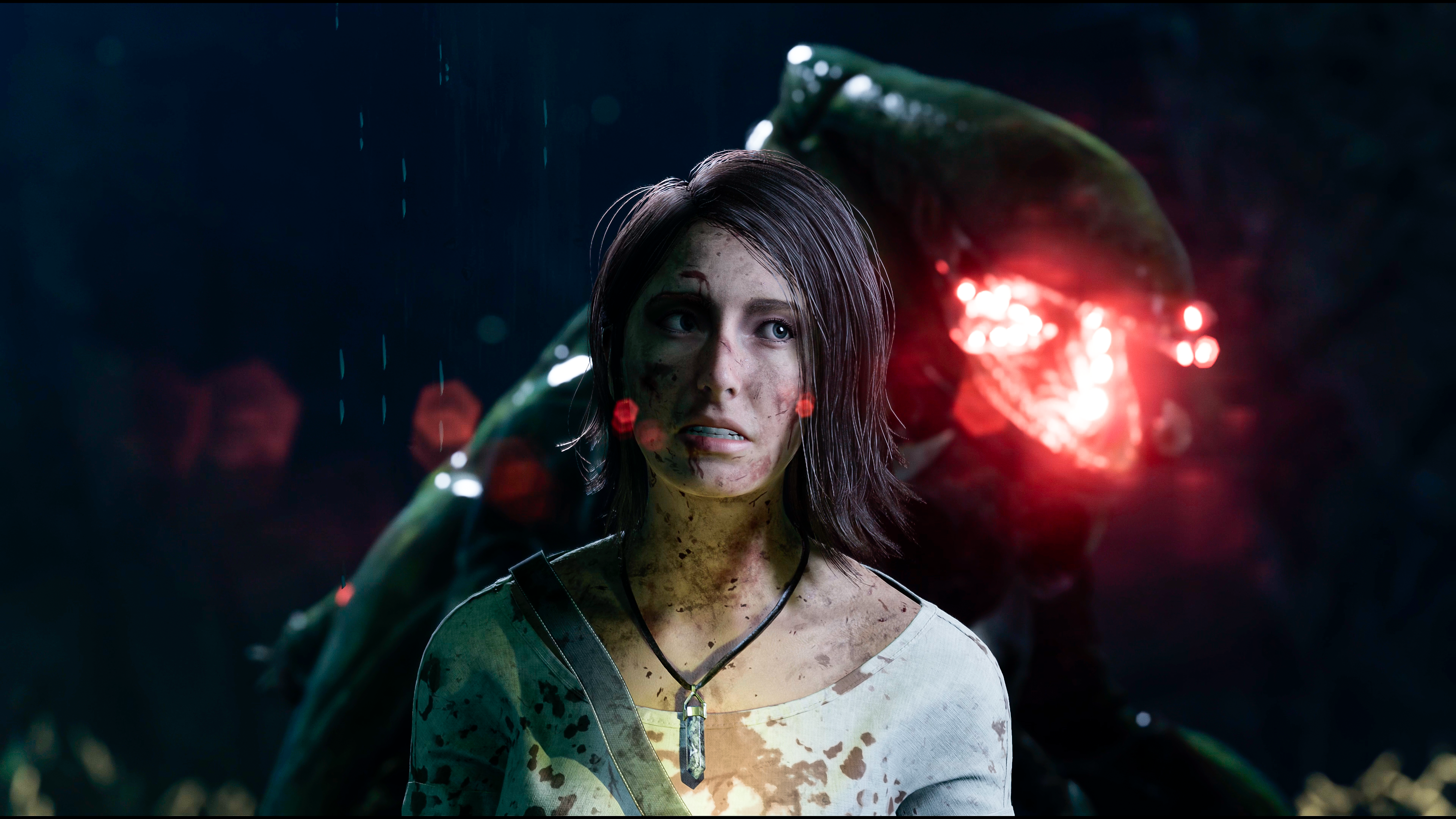 Donna che guarda in alto in una scena oscura. Viso e vestiti sporchi, alieno sullo sfondo.