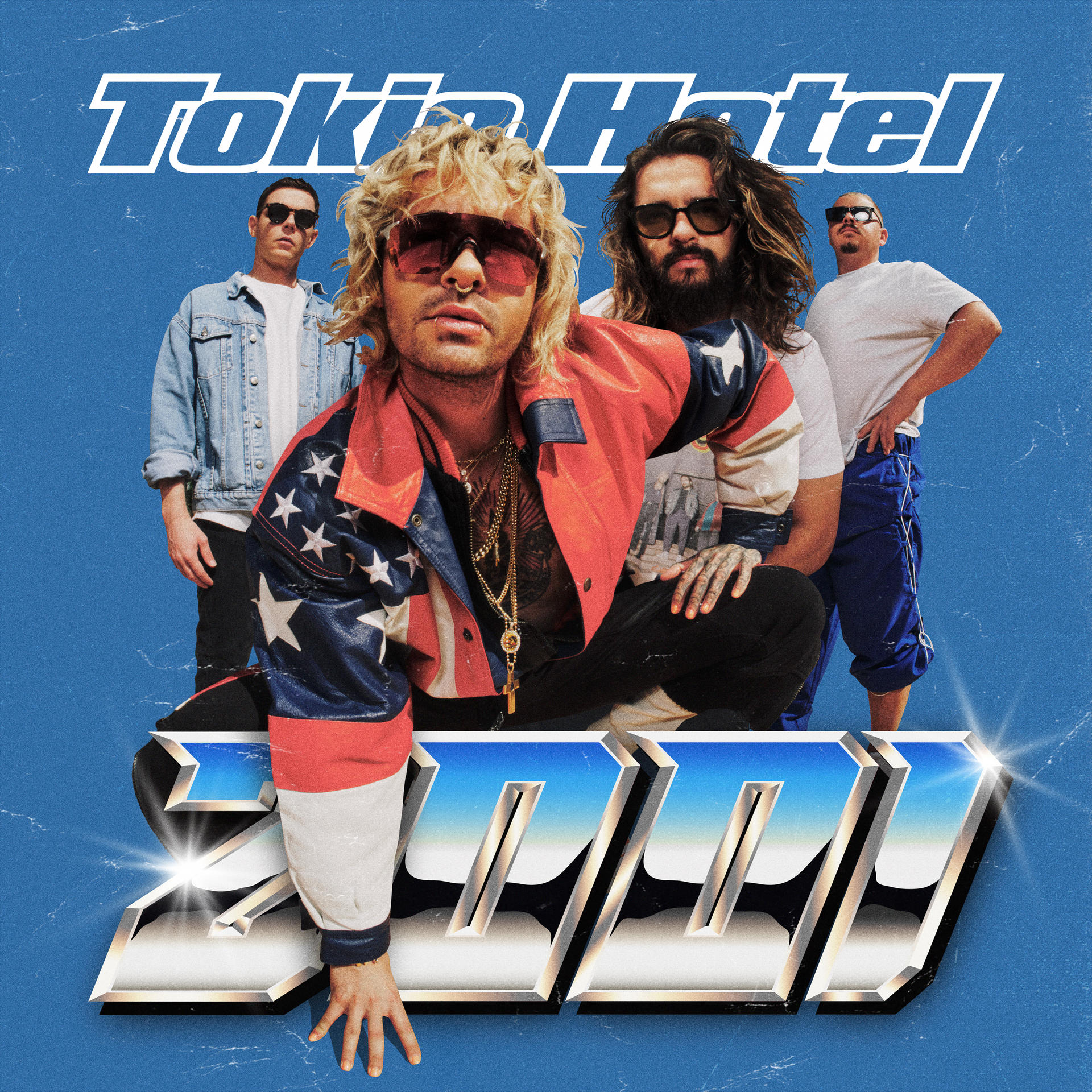 Tokio Hotel Albumcover, Bandmitglieder auf blauem Hintergrund.