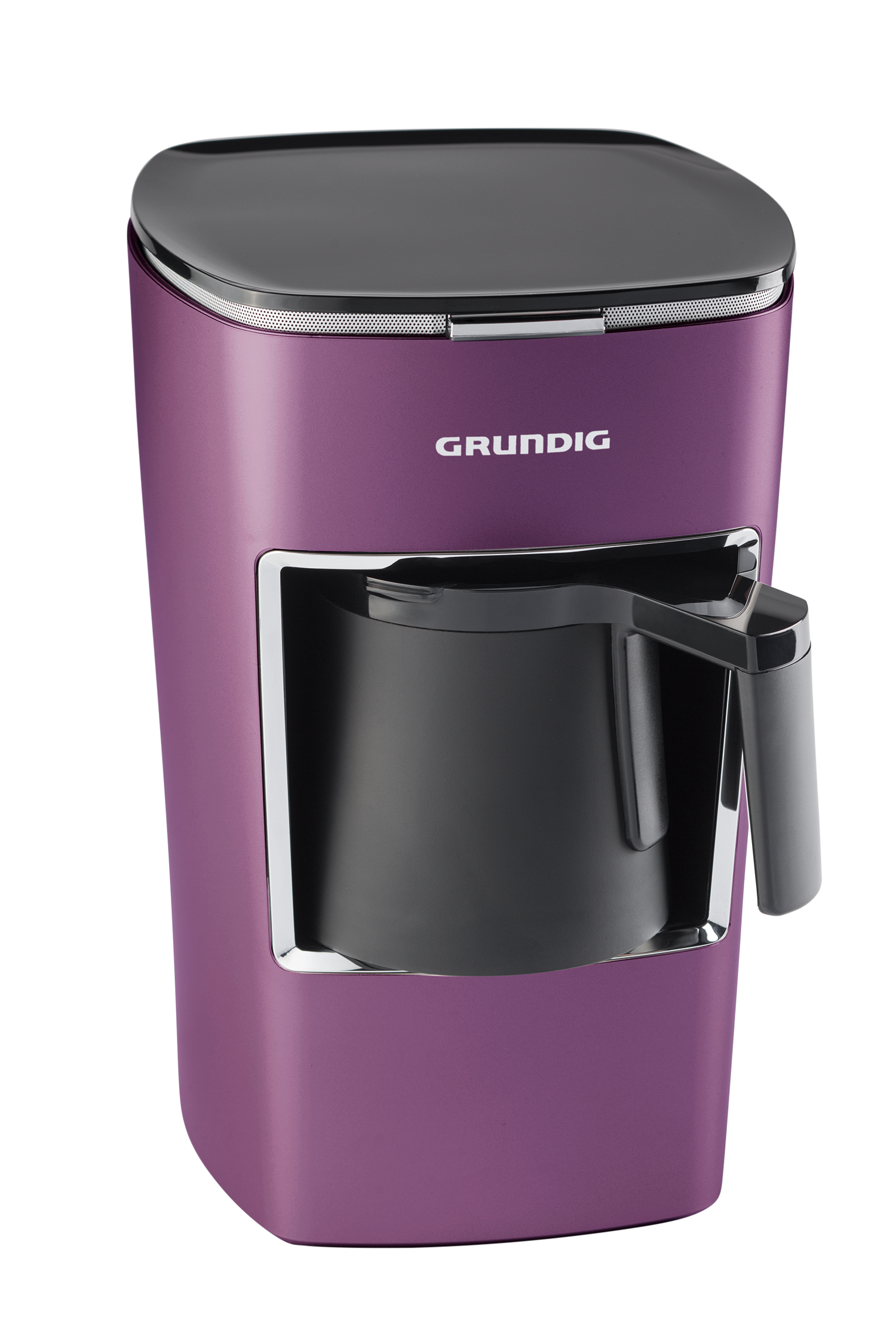Siyah kapaklı ve kulplu, mor bir Grundig kahve makinesi.