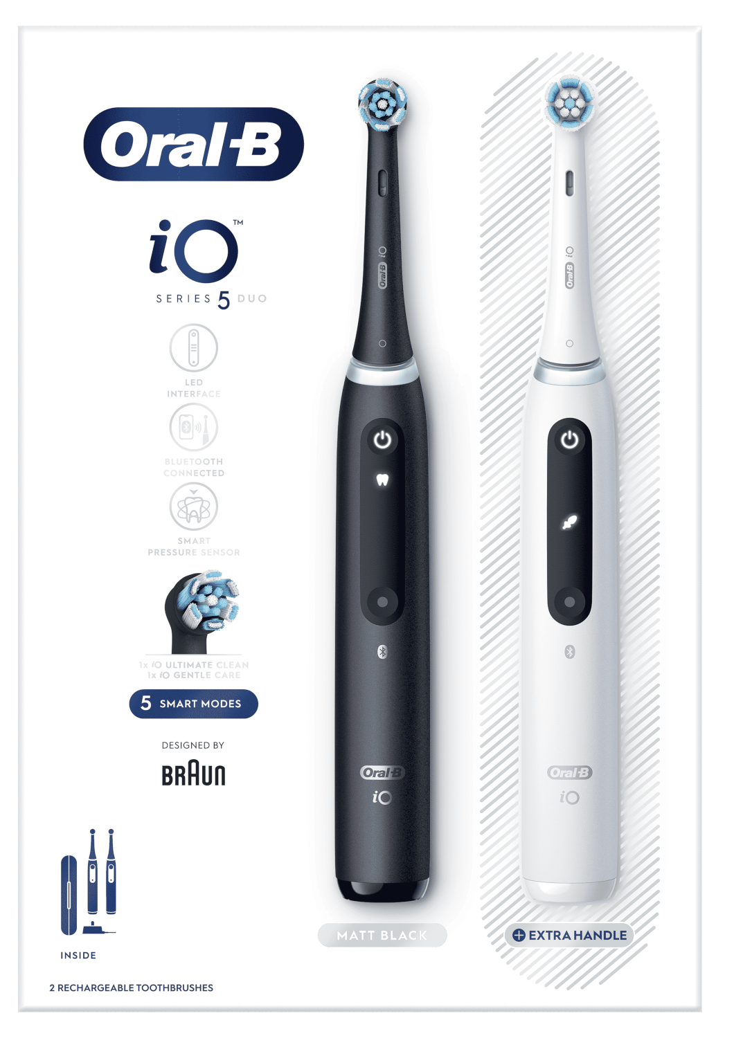 Oral-B iO Series 5 Duo elektromos fogkefék, egy fekete, egy fehér.